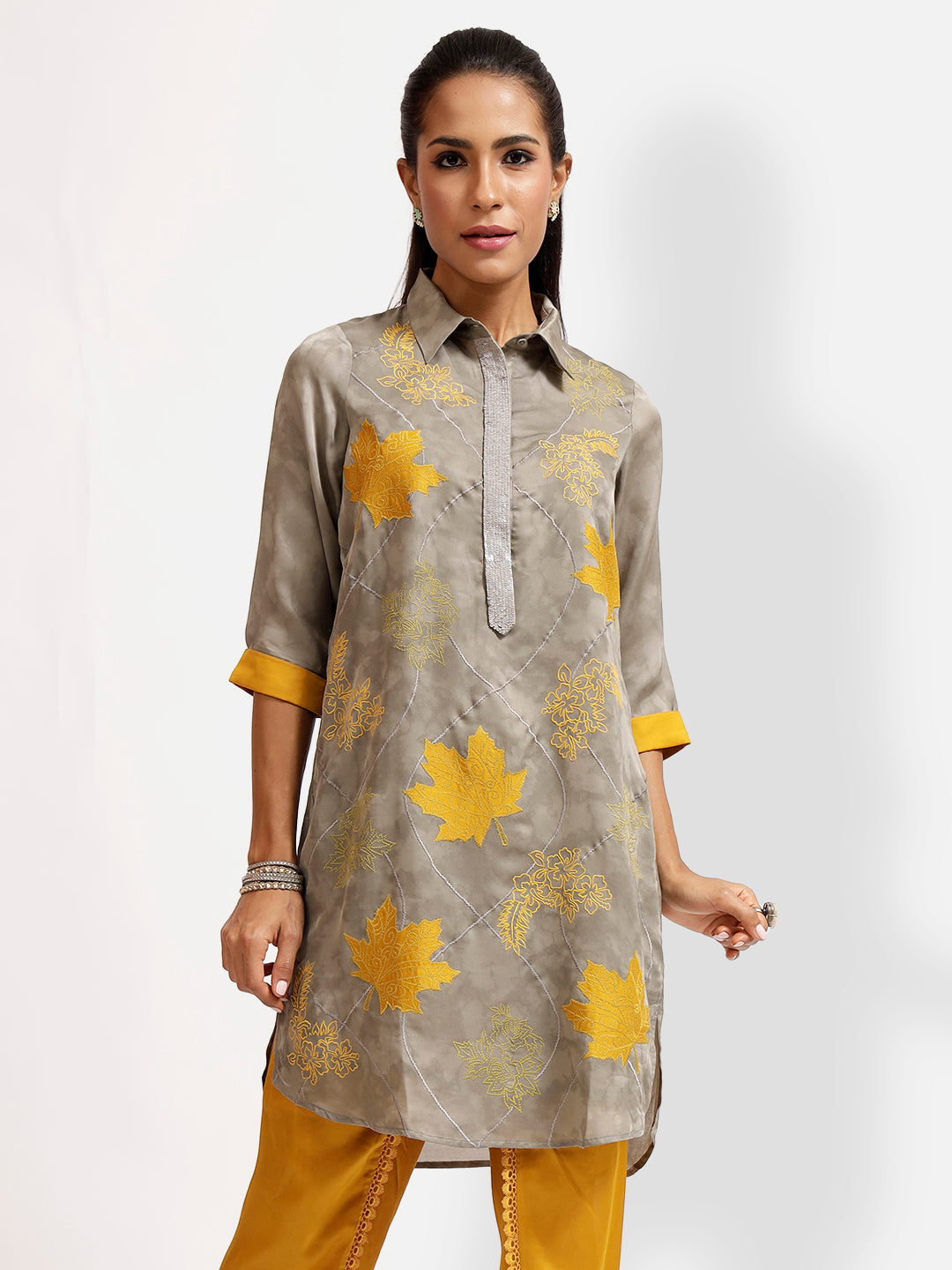 Grey Patch Work Kurti With Sequins Placket