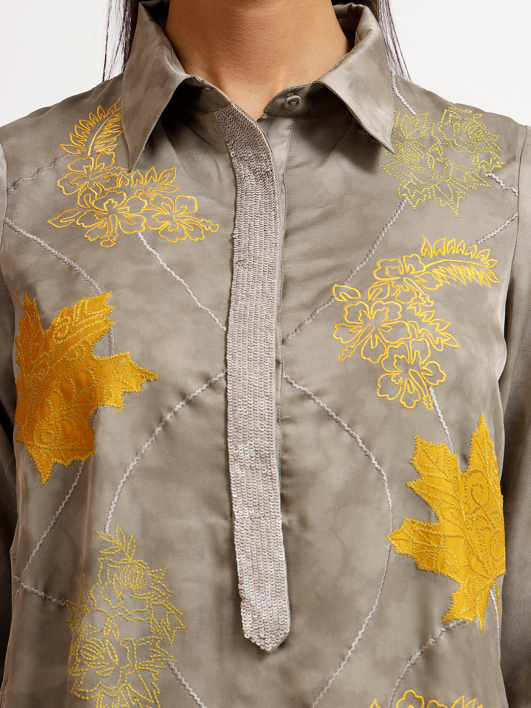 Grey Patch Work Kurti With Sequins Placket