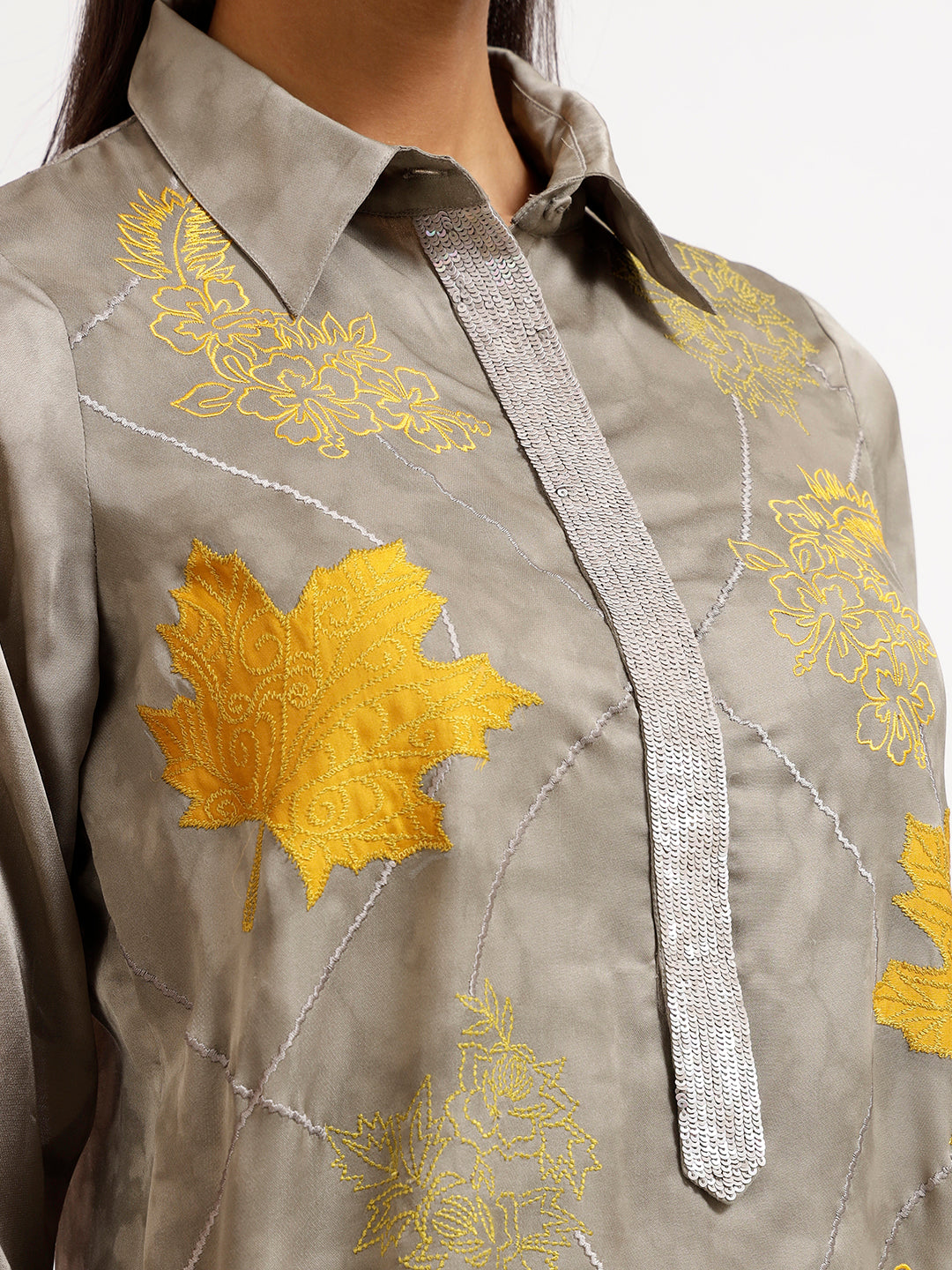 Grey Patch Work Kurti With Sequins Placket