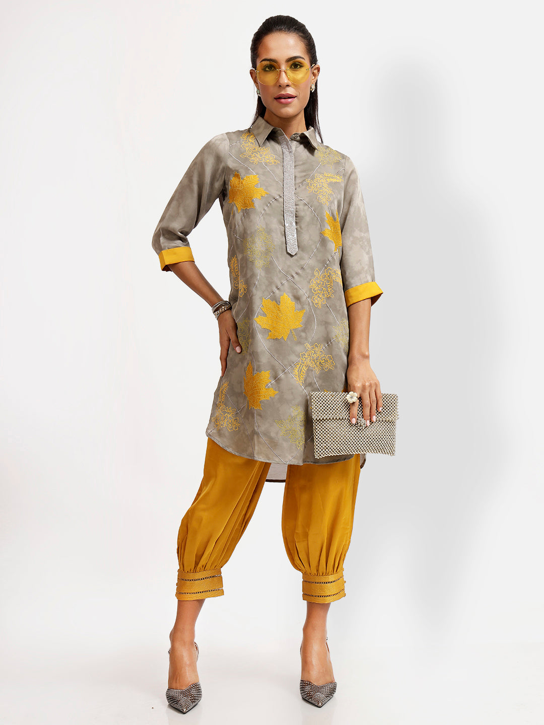 Grey Patch Work Kurti With Sequins Placket