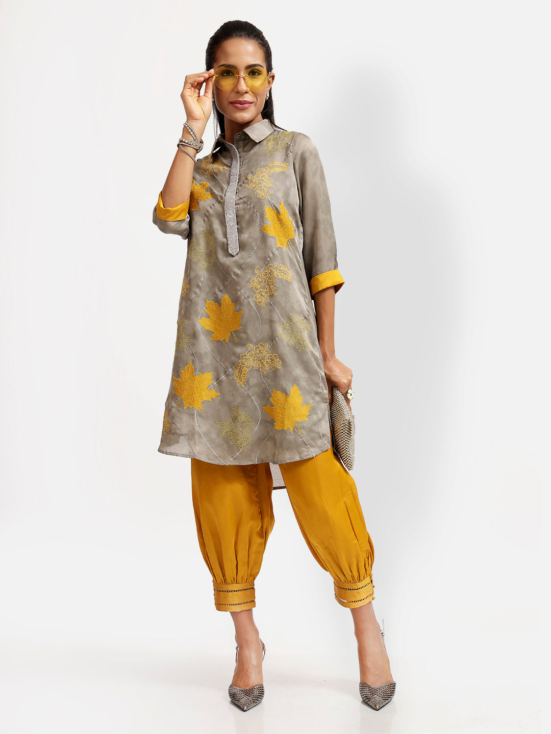 Grey Patch Work Kurti With Sequins Placket