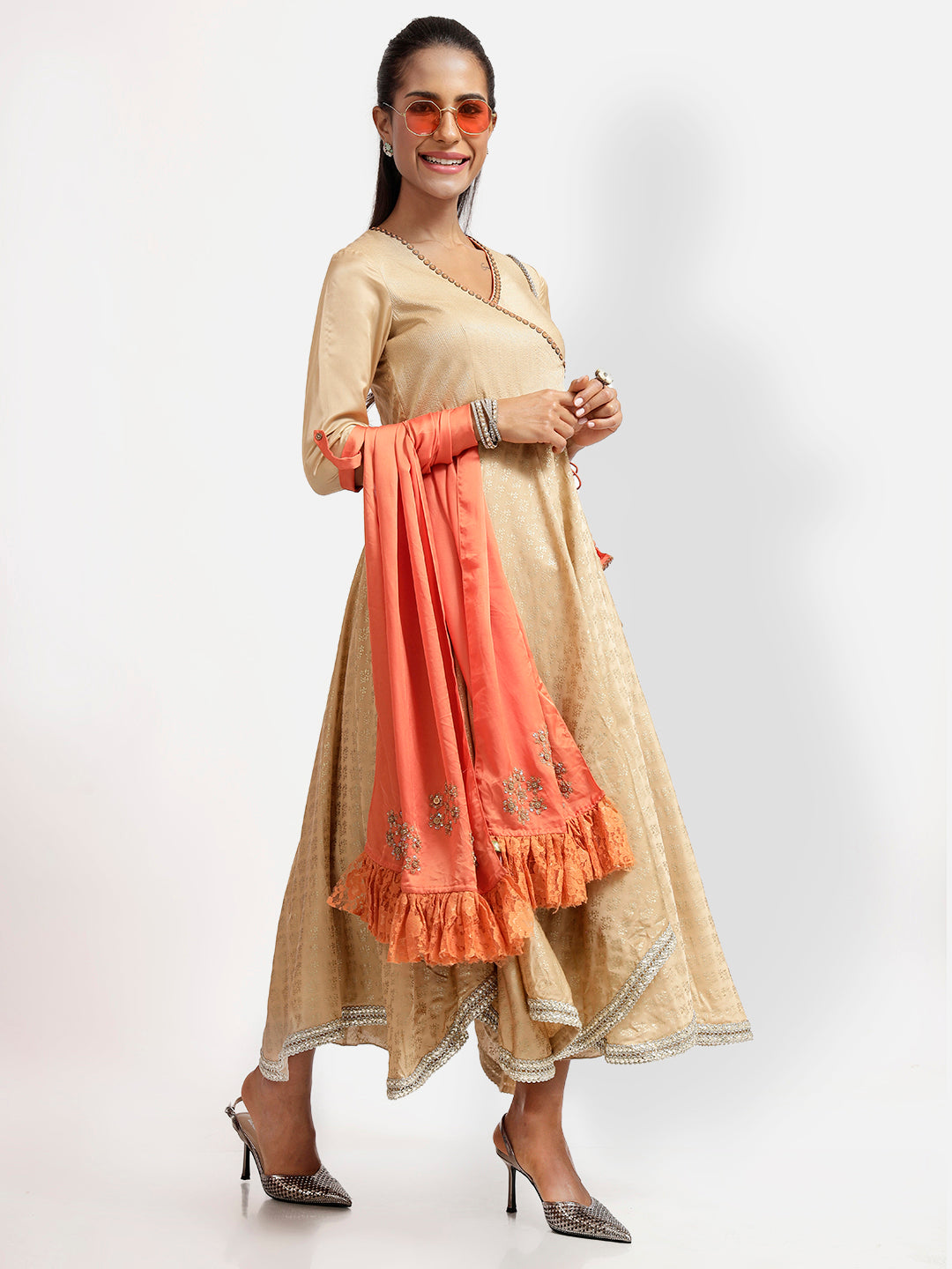 Beige Foil Print Angrakha