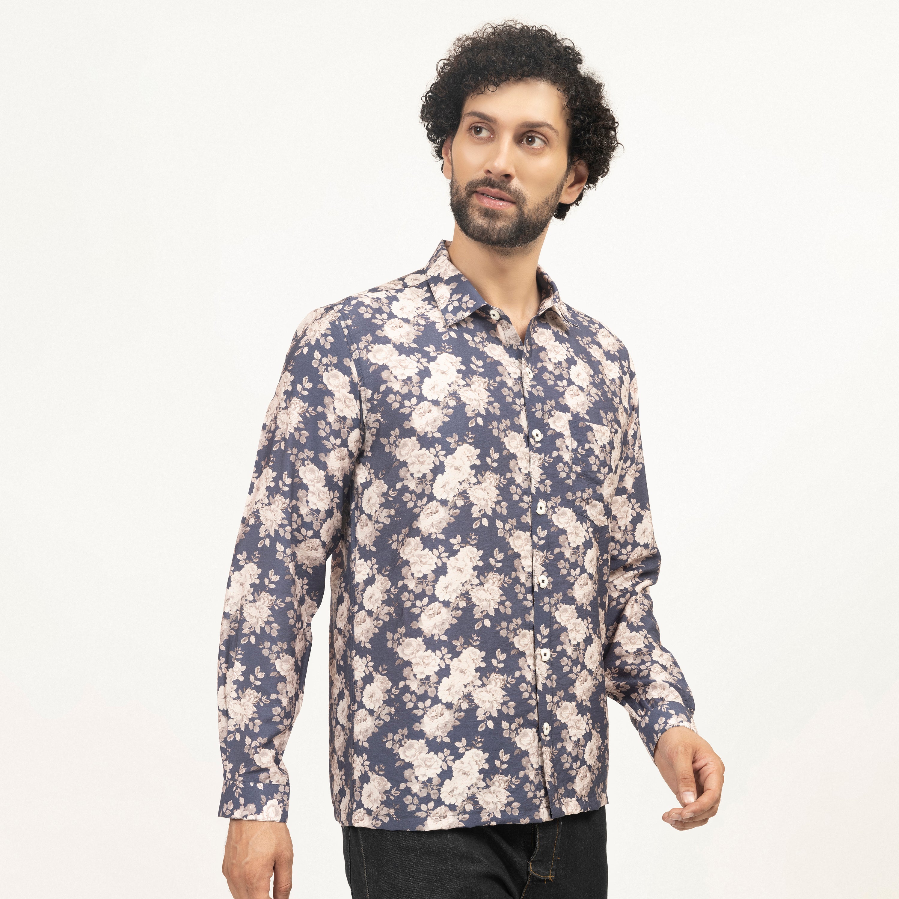 Blue Floral Printed Full Sleeves Shirt