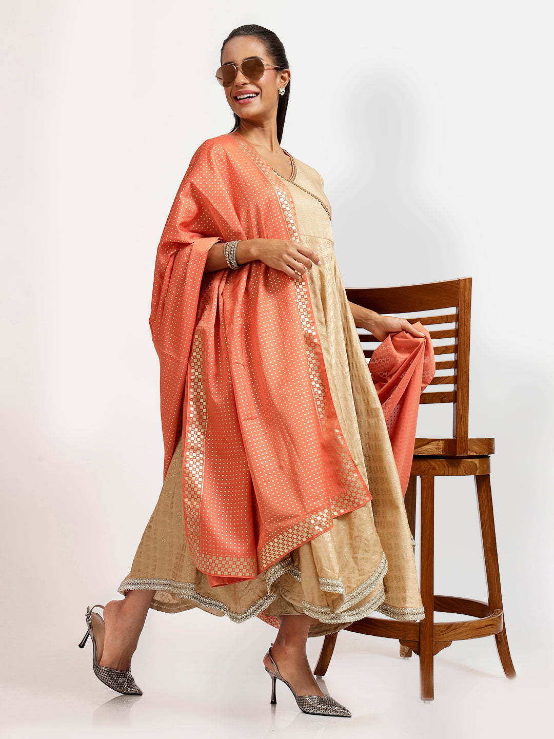 Beige Foil Print Angrakha