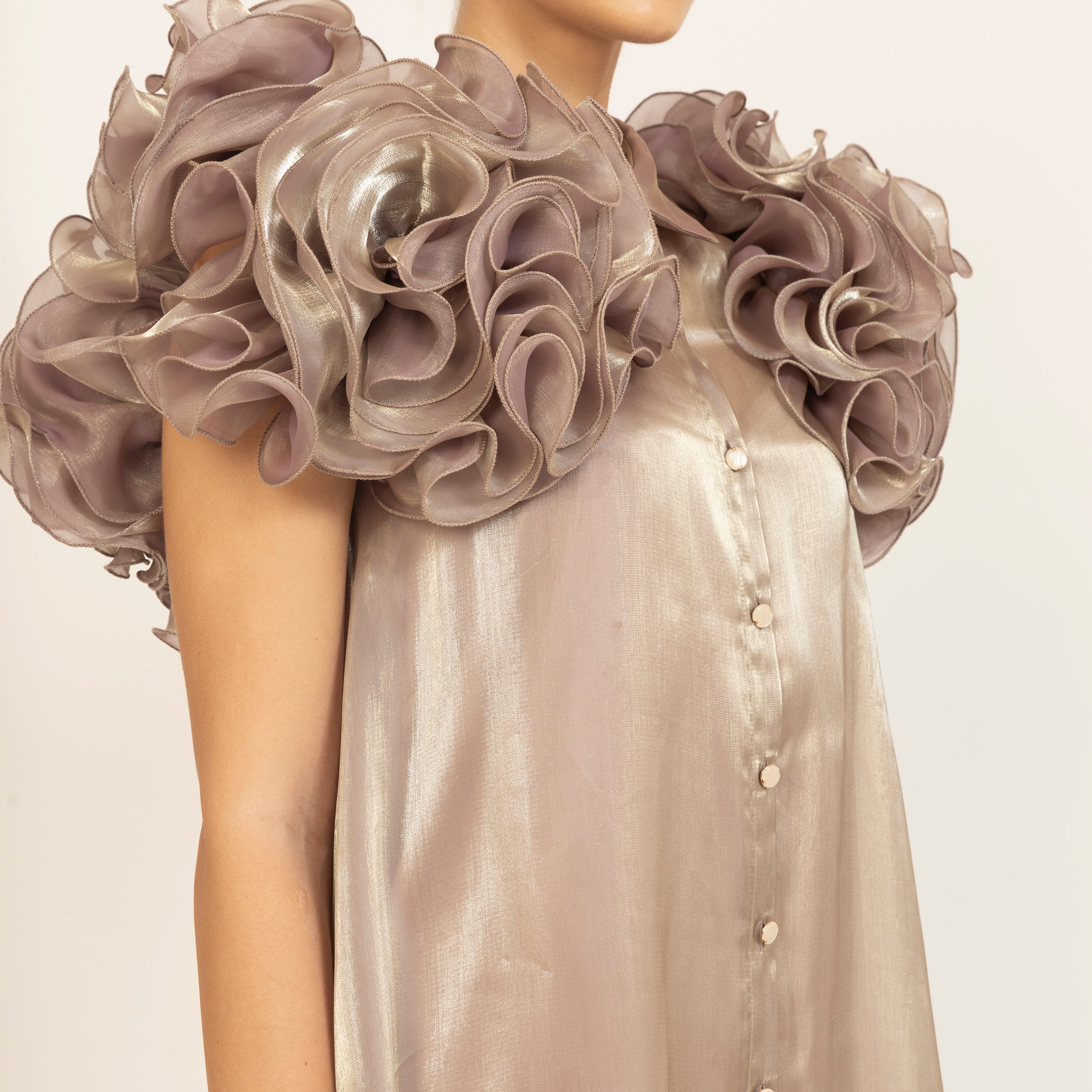 Beige Flower Satin Organza Jacket With Speghetti