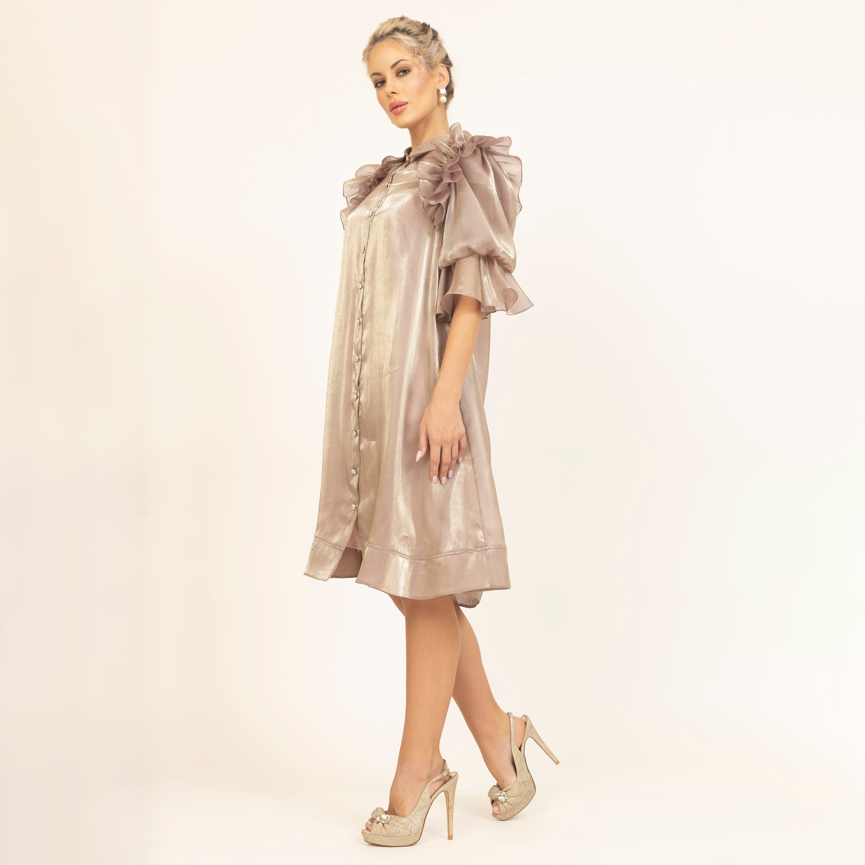 Beige Satin Organza Puff Frill Jacket With Speghetti Inner