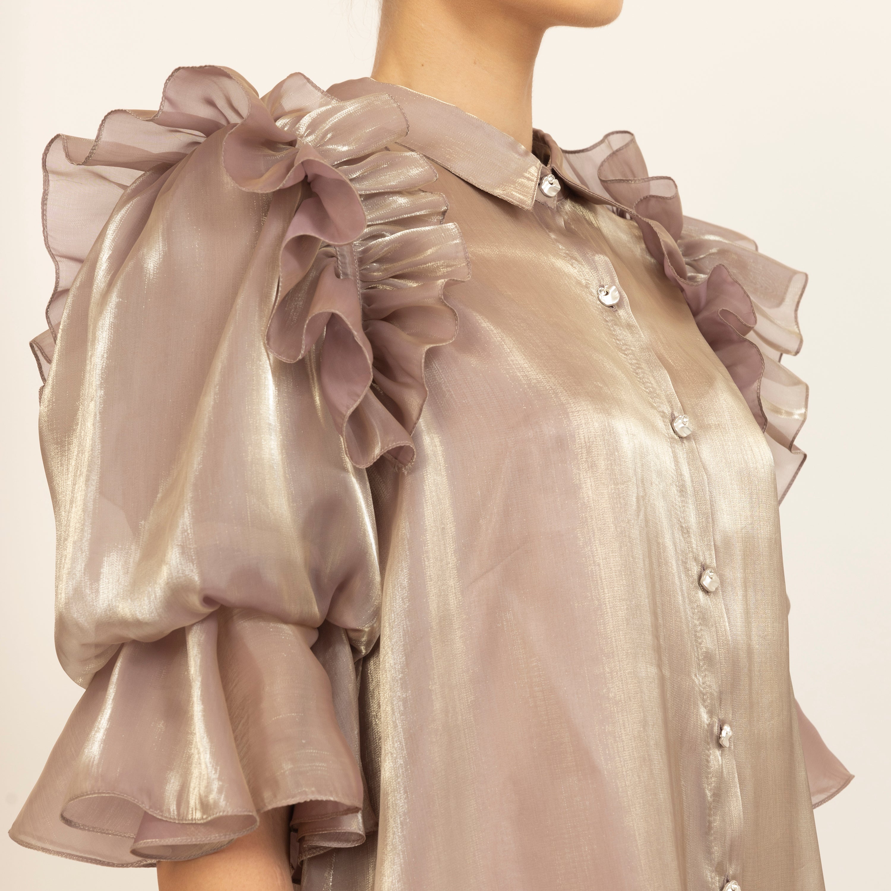 Beige Satin Organza Puff Frill Jacket With Speghetti Inner