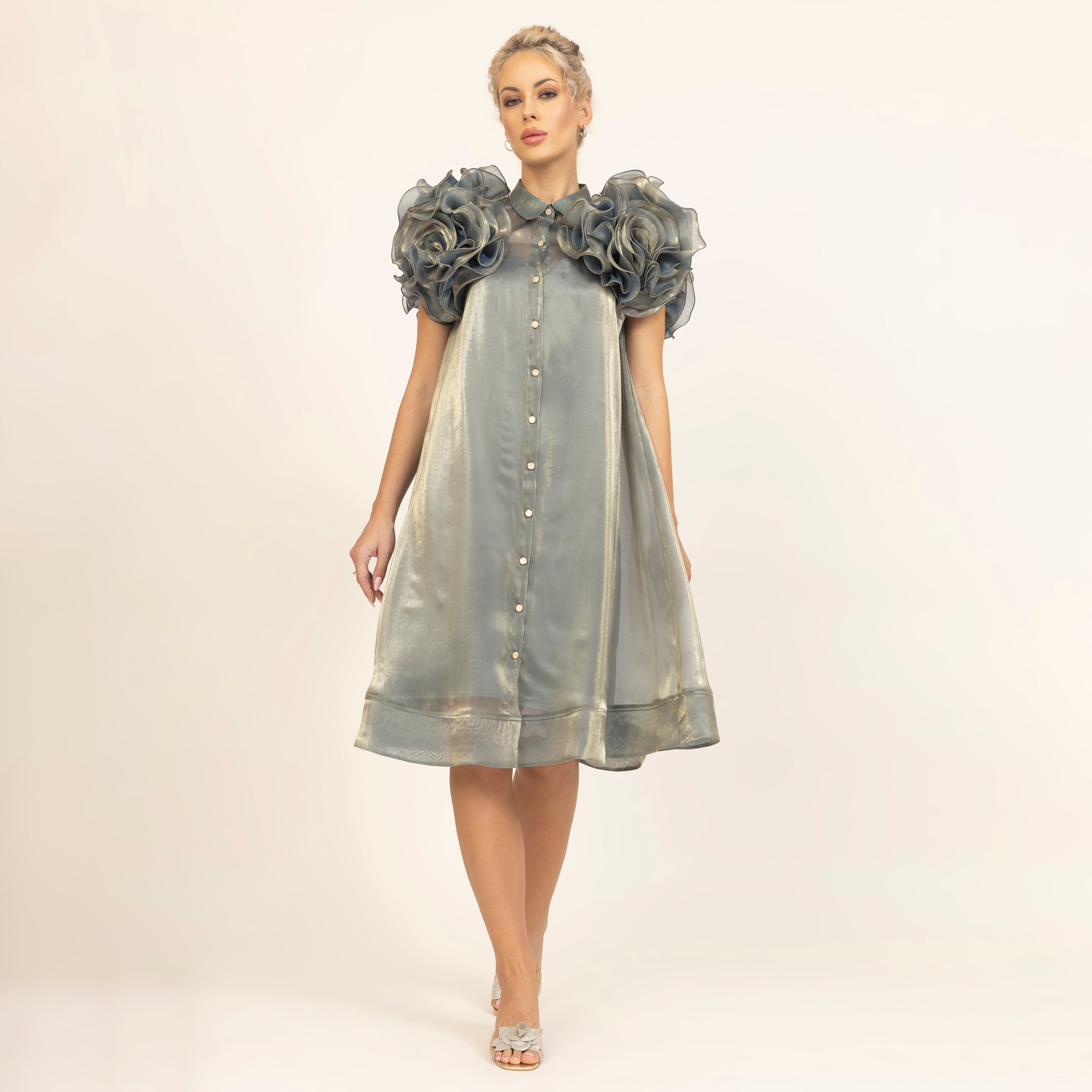Green Flower Satin Organza Jacket-7