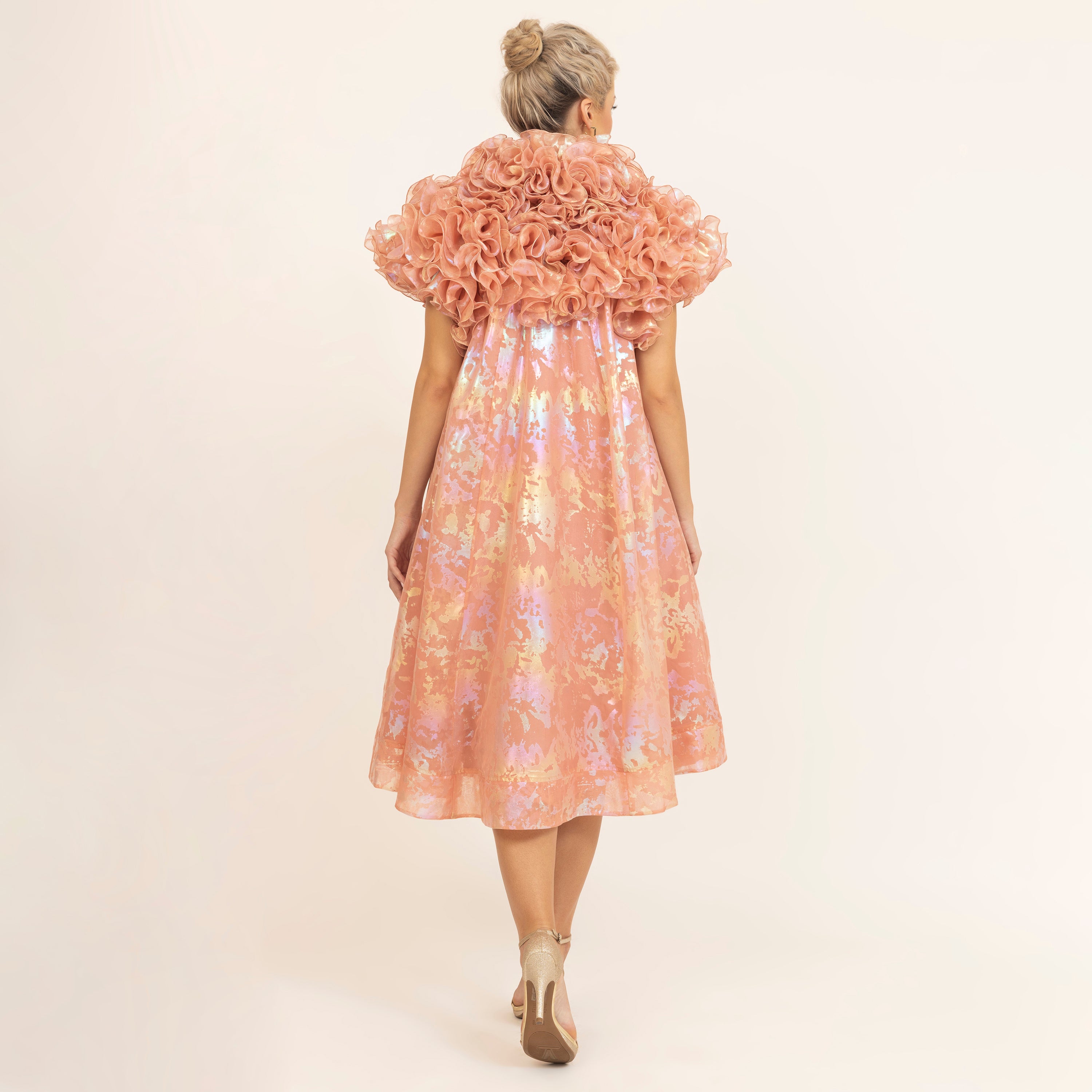 Peach Holographic Print Organza Frill Dress