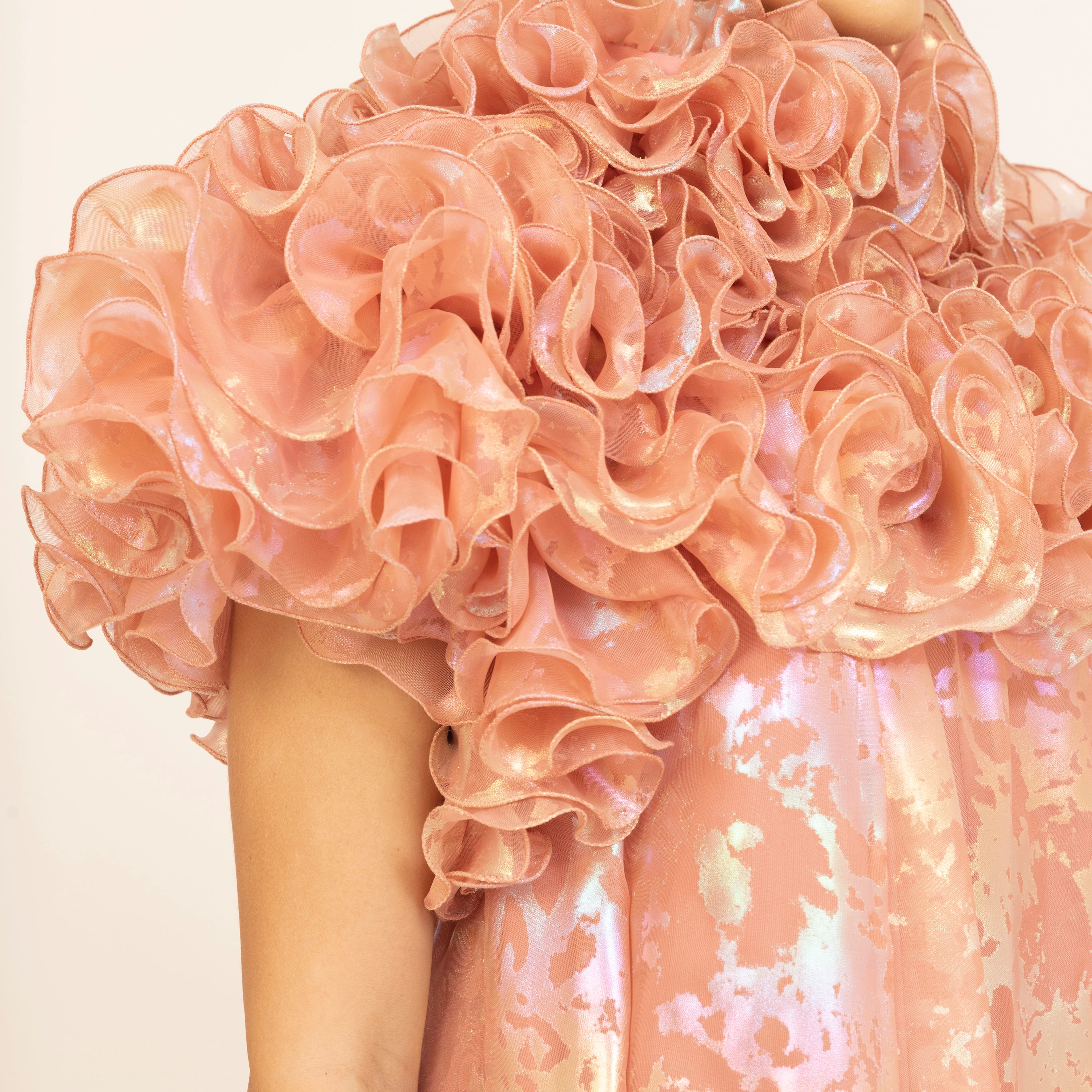 Peach Holographic Print Organza Frill Dress