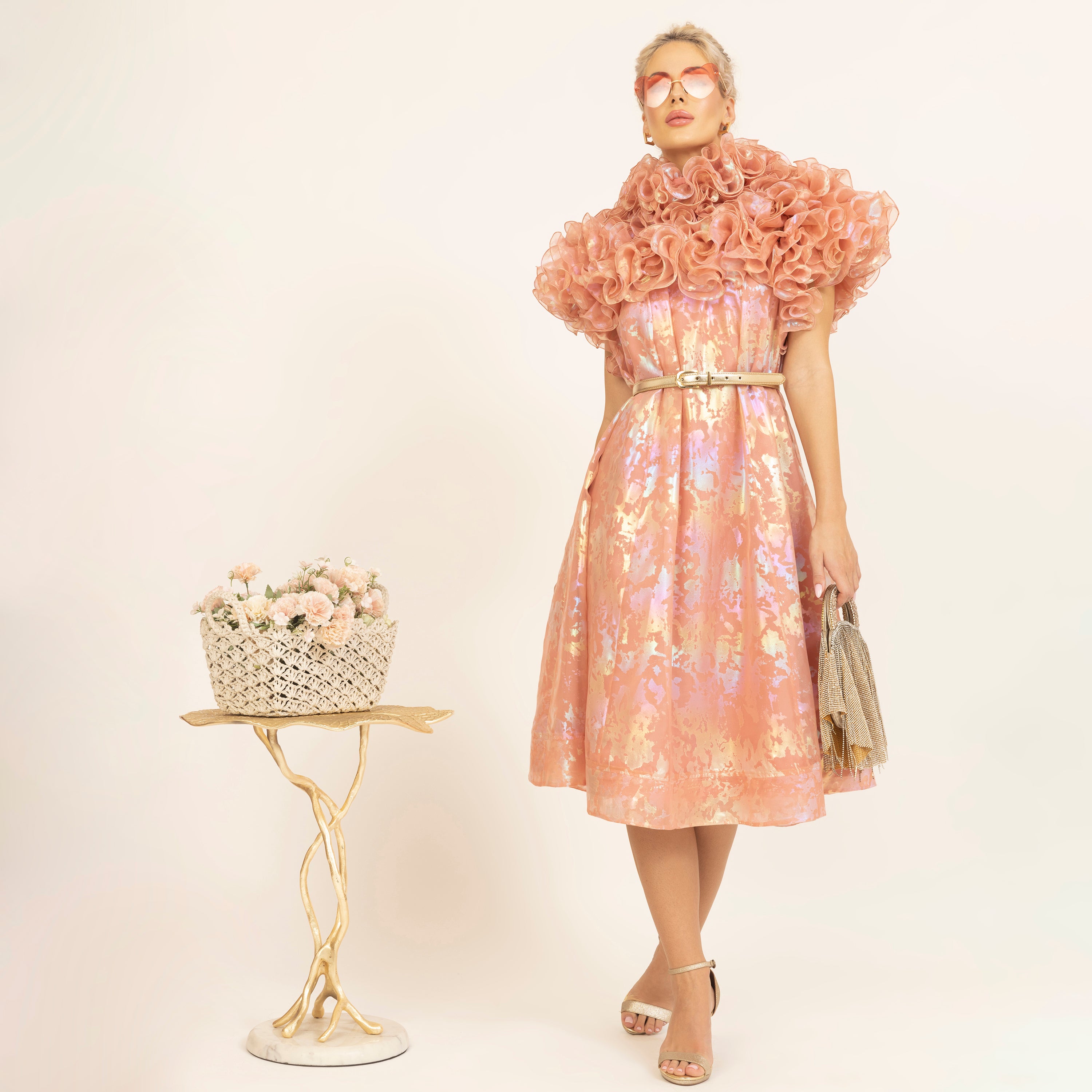 Peach Holographic Print Organza Frill Dress