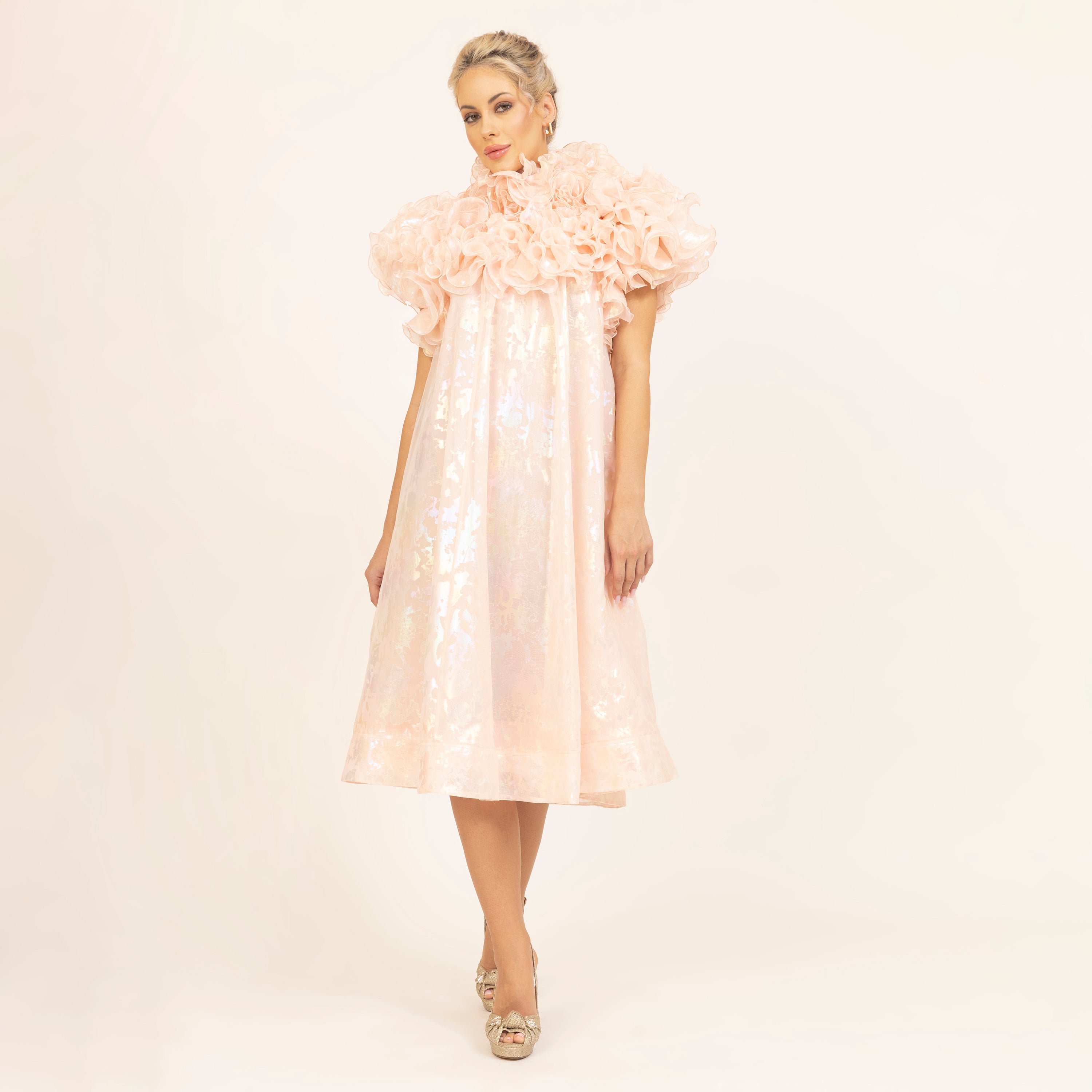 Light Pink Holographic Print Organza Frill Dress