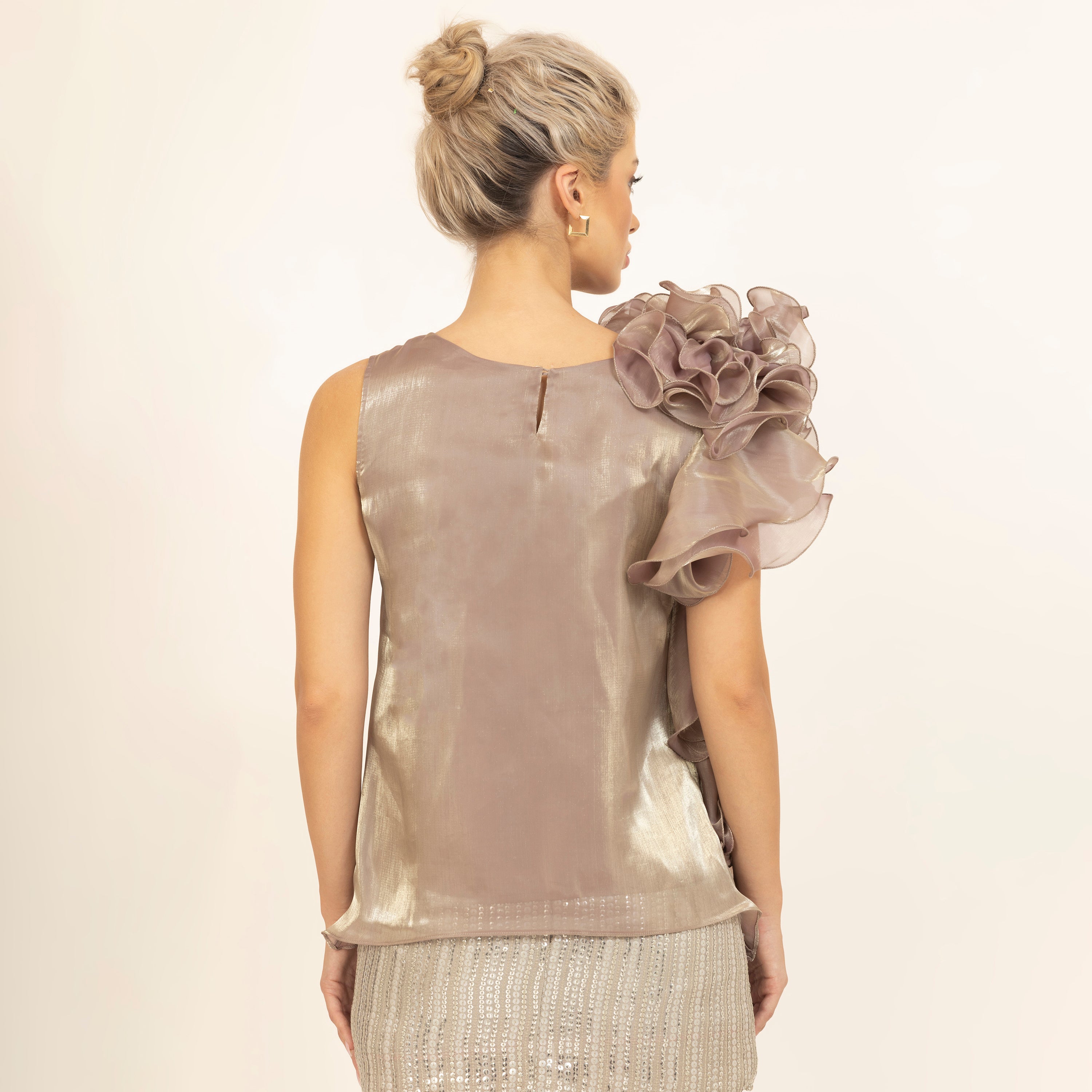 Beige Satin Organza Ruffle Top