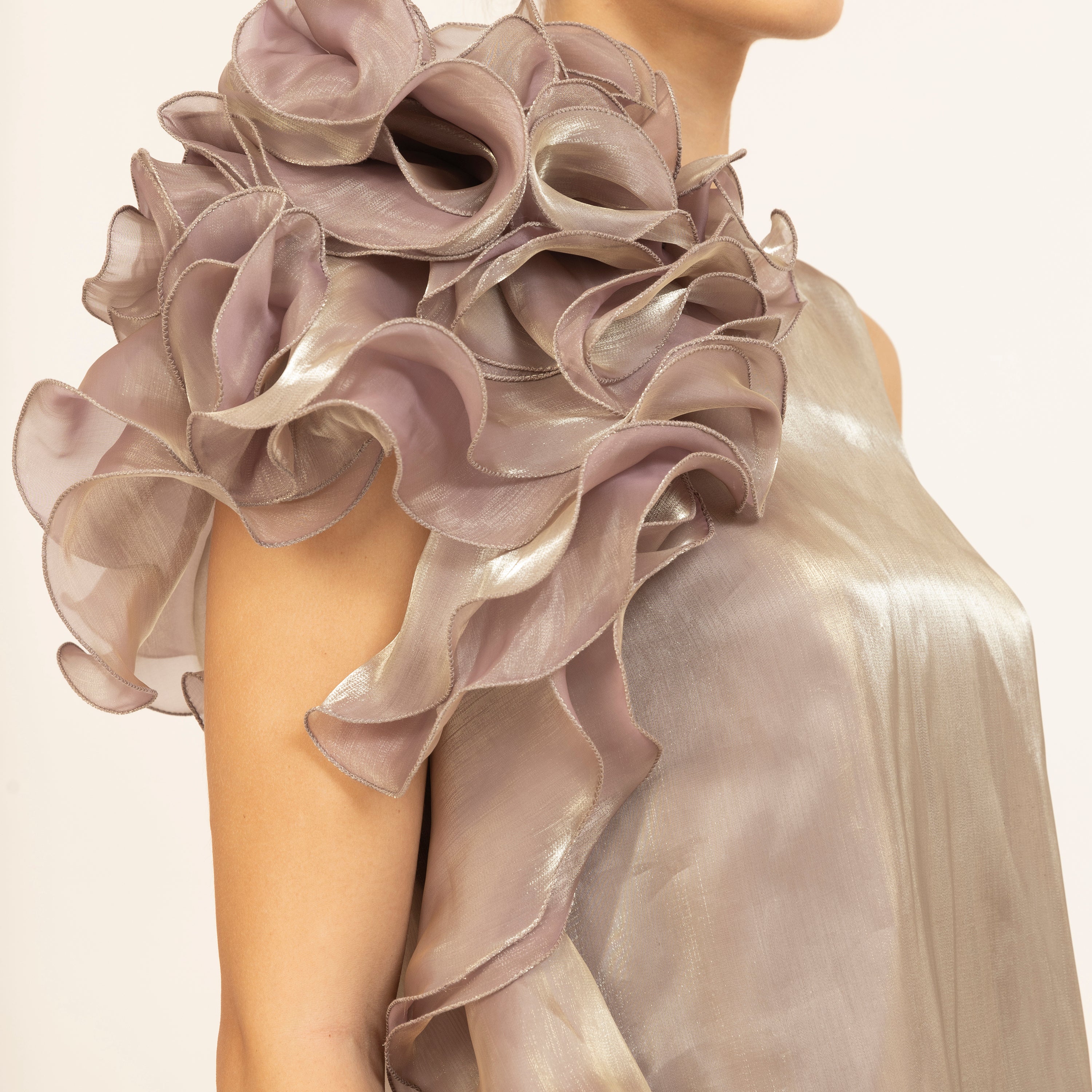 Beige Satin Organza Ruffle Top