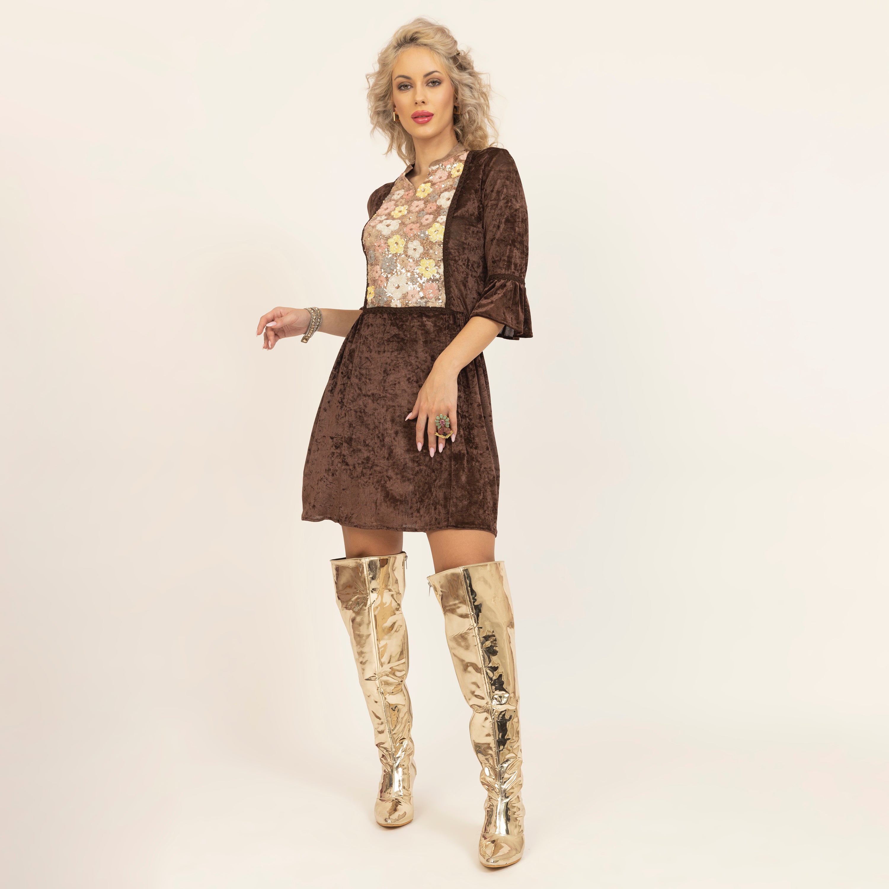 Brown Sequin Yoke Velvet Dress