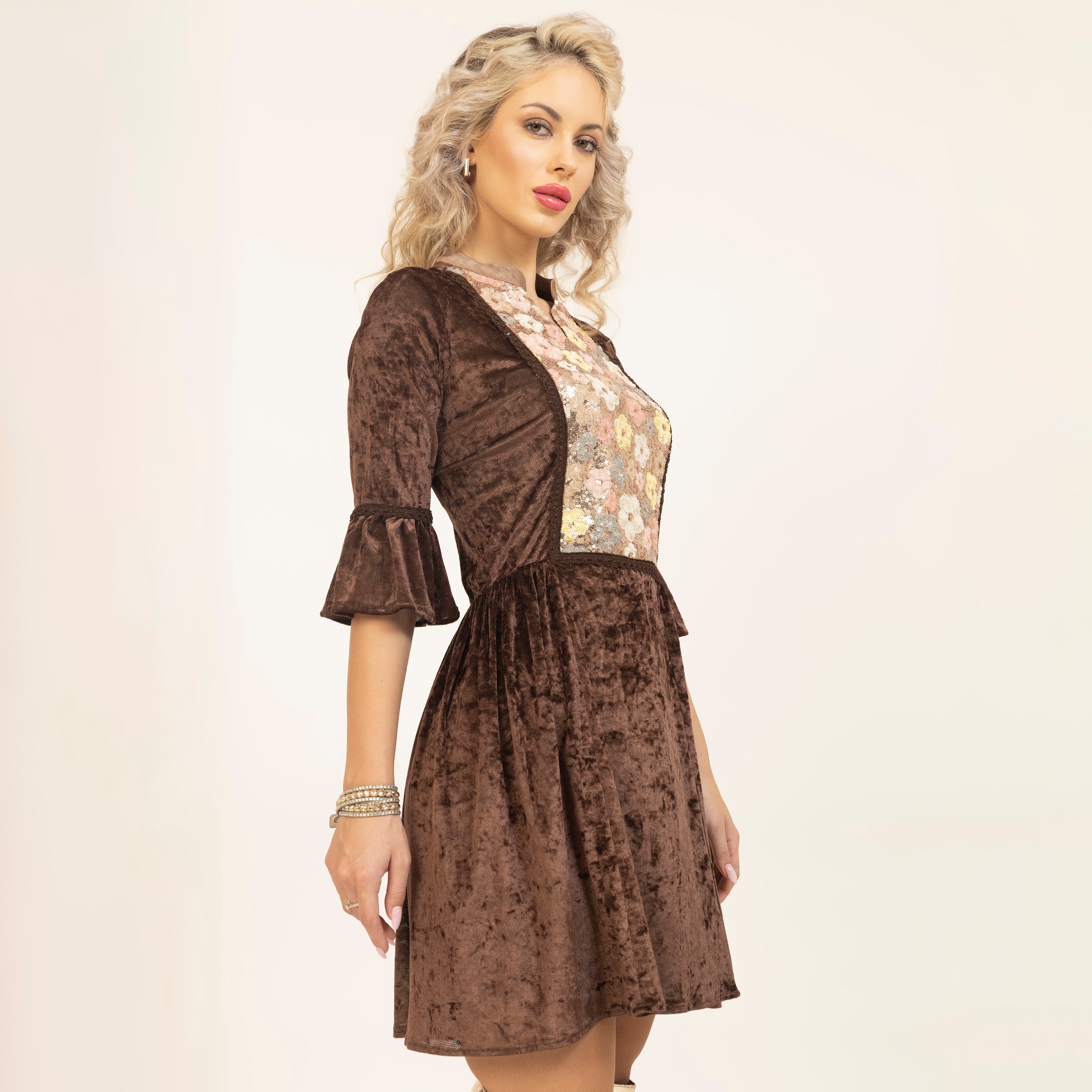 Brown Sequin Yoke Velvet Dress