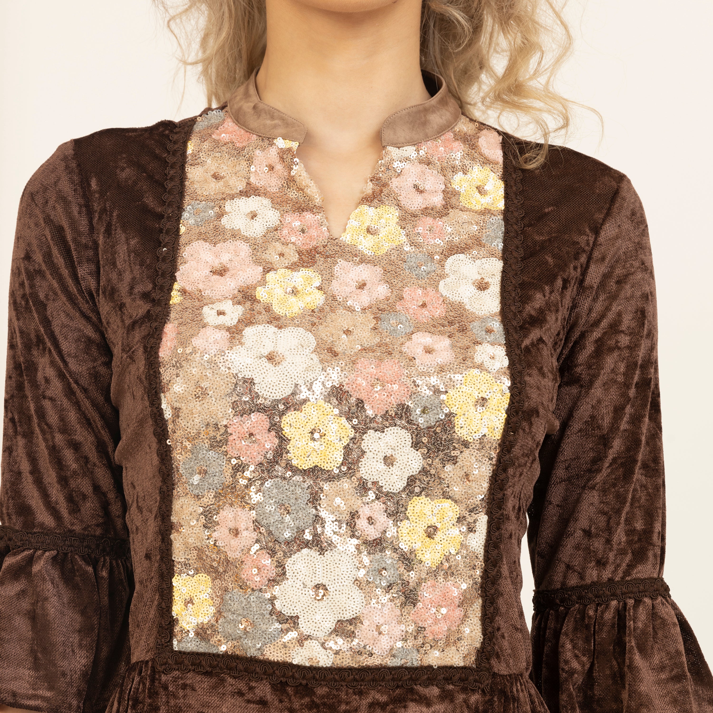 Brown Sequin Yoke Velvet Dress