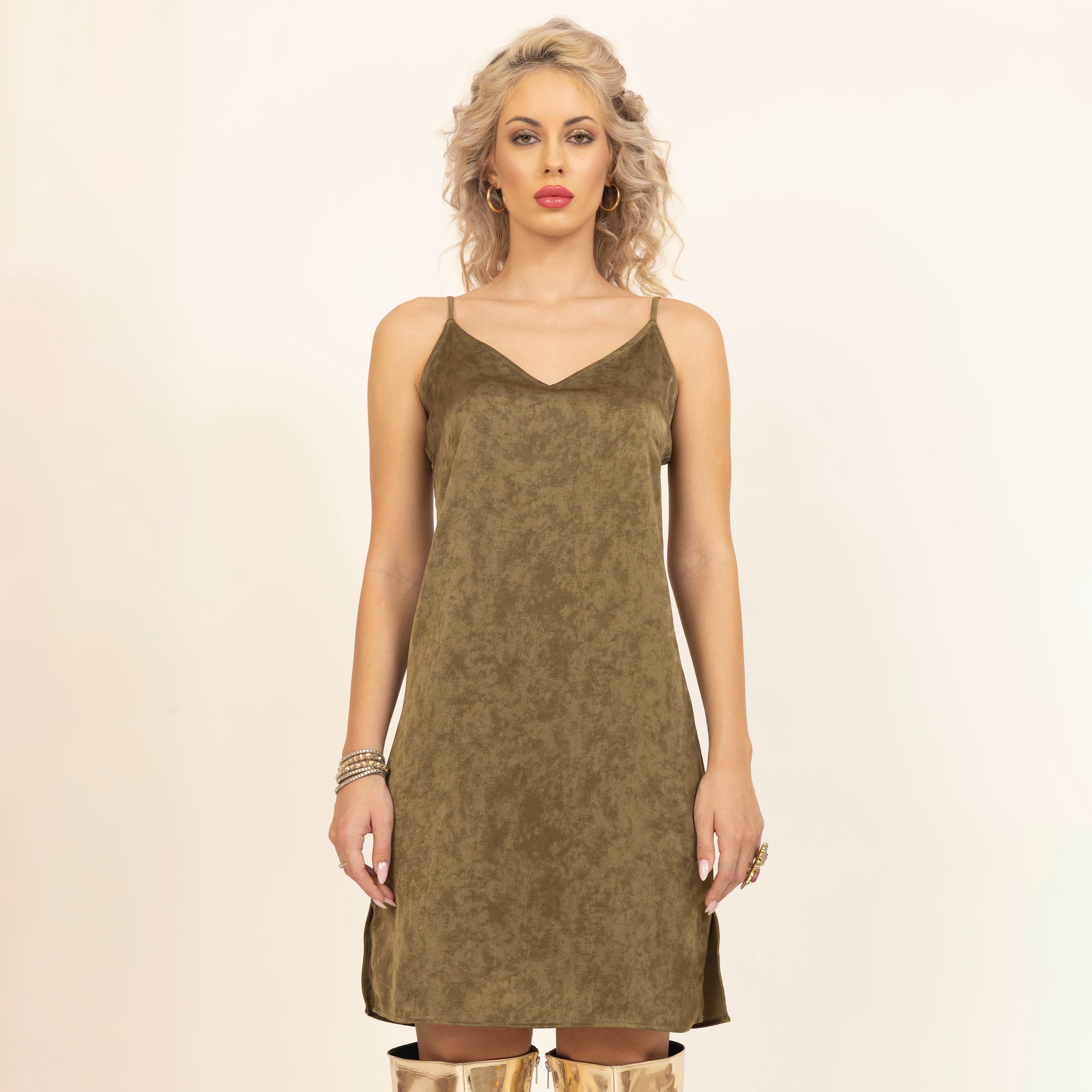 Olive Satin Spaghetti Dress