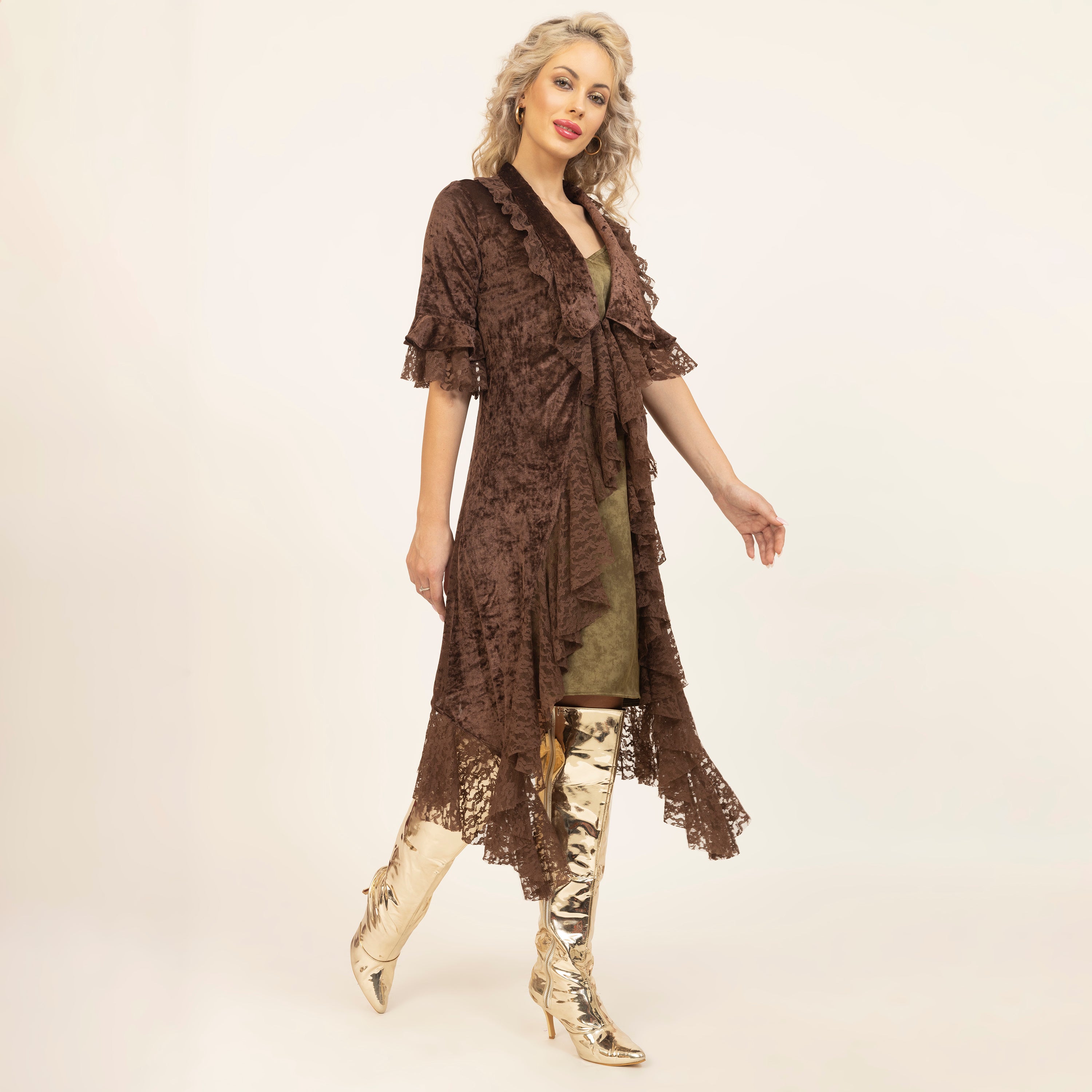 Brown Velvet Long Shrug With Lace