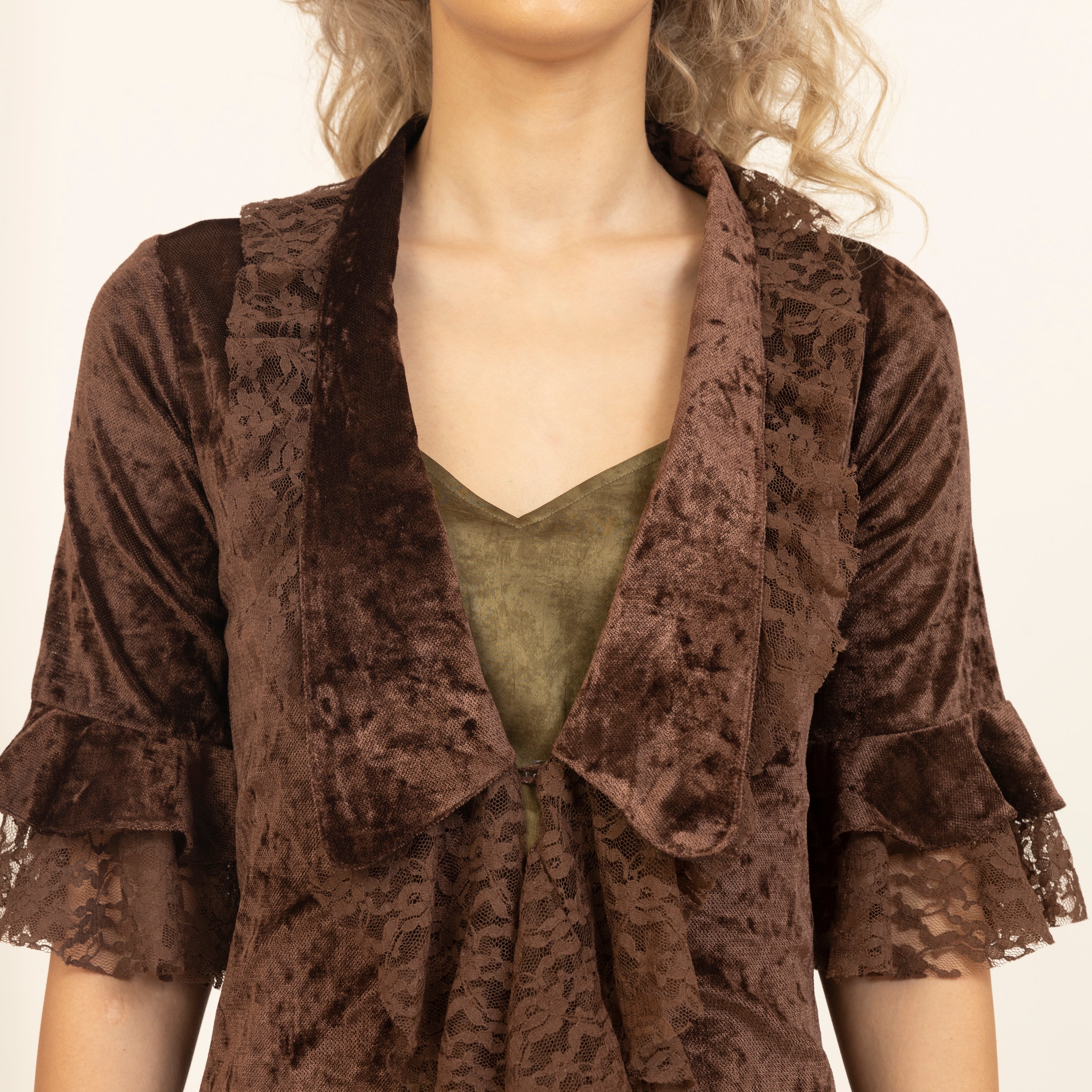 Brown Velvet Long Shrug With Lace