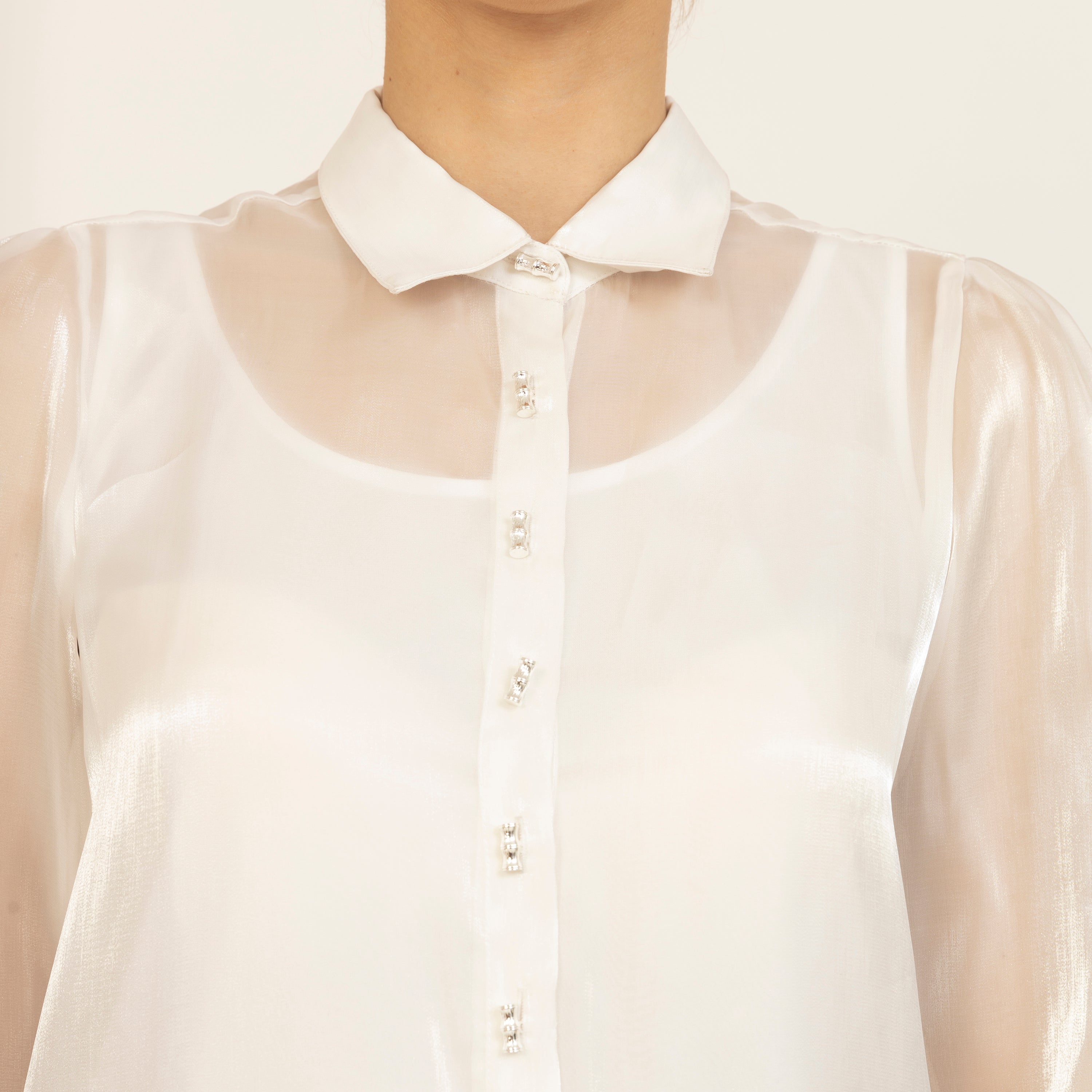 White Satin Organza Shirt With Spaghetti