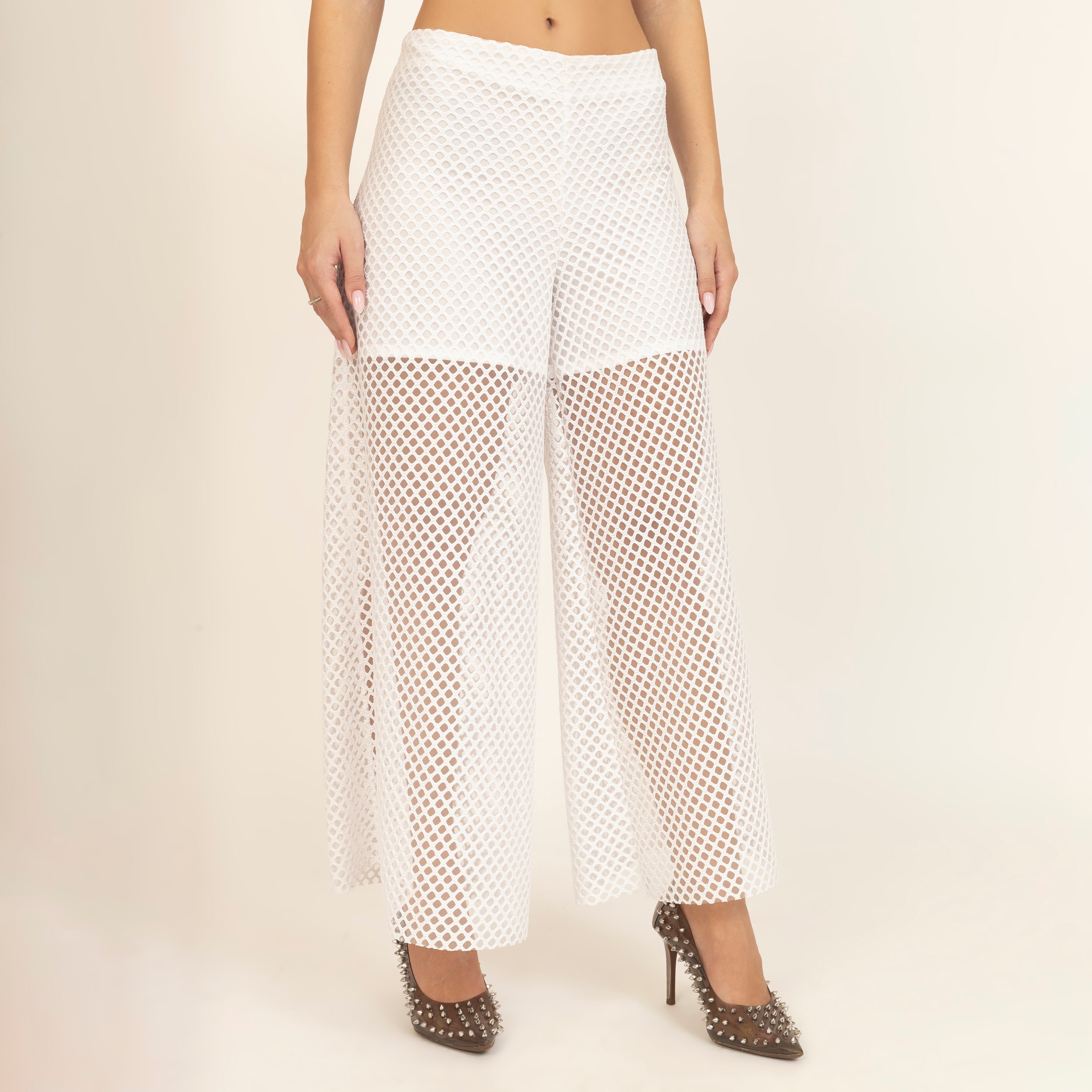 White Mesh Net Flared Palazzo