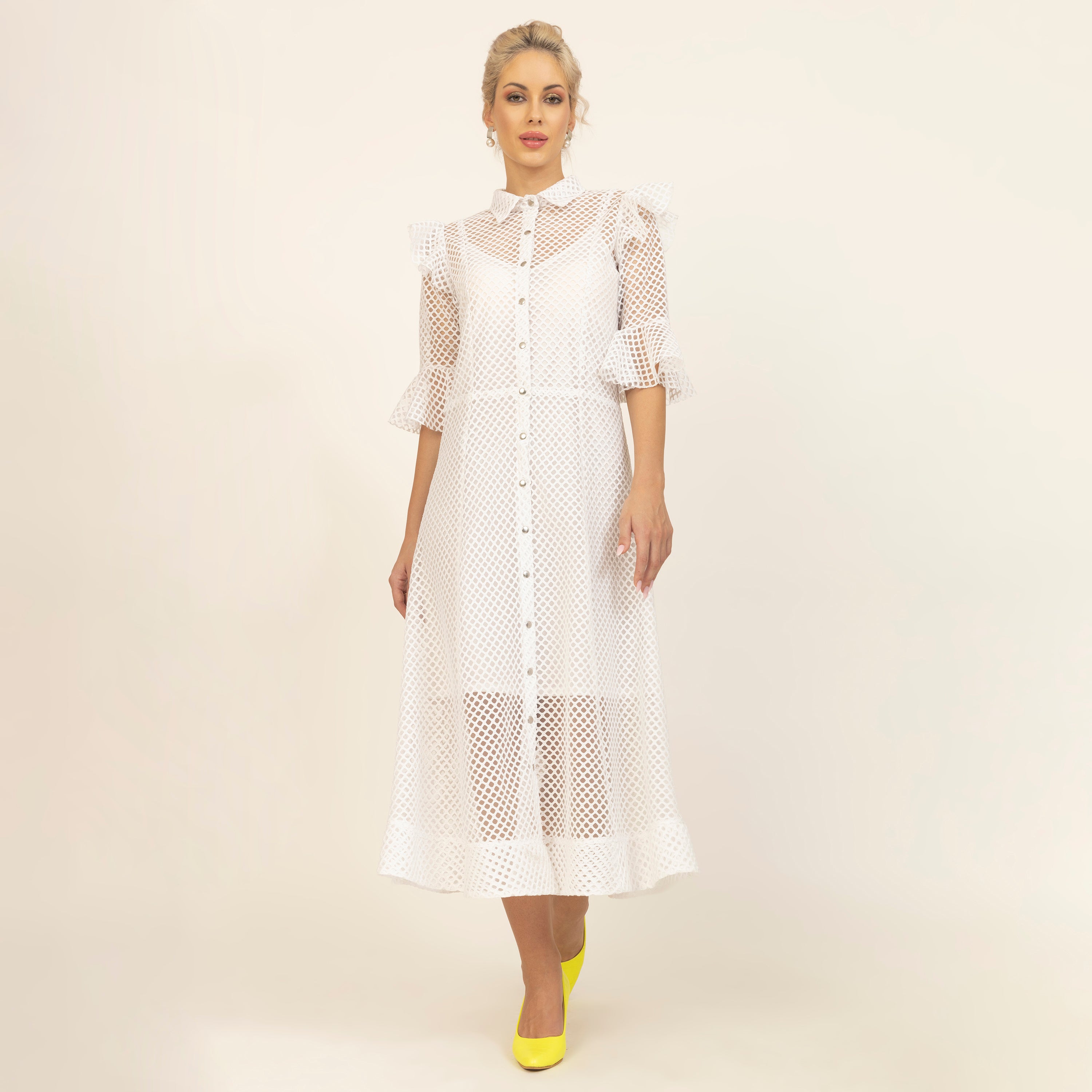 White Mesh Net Dress With Spaghetti