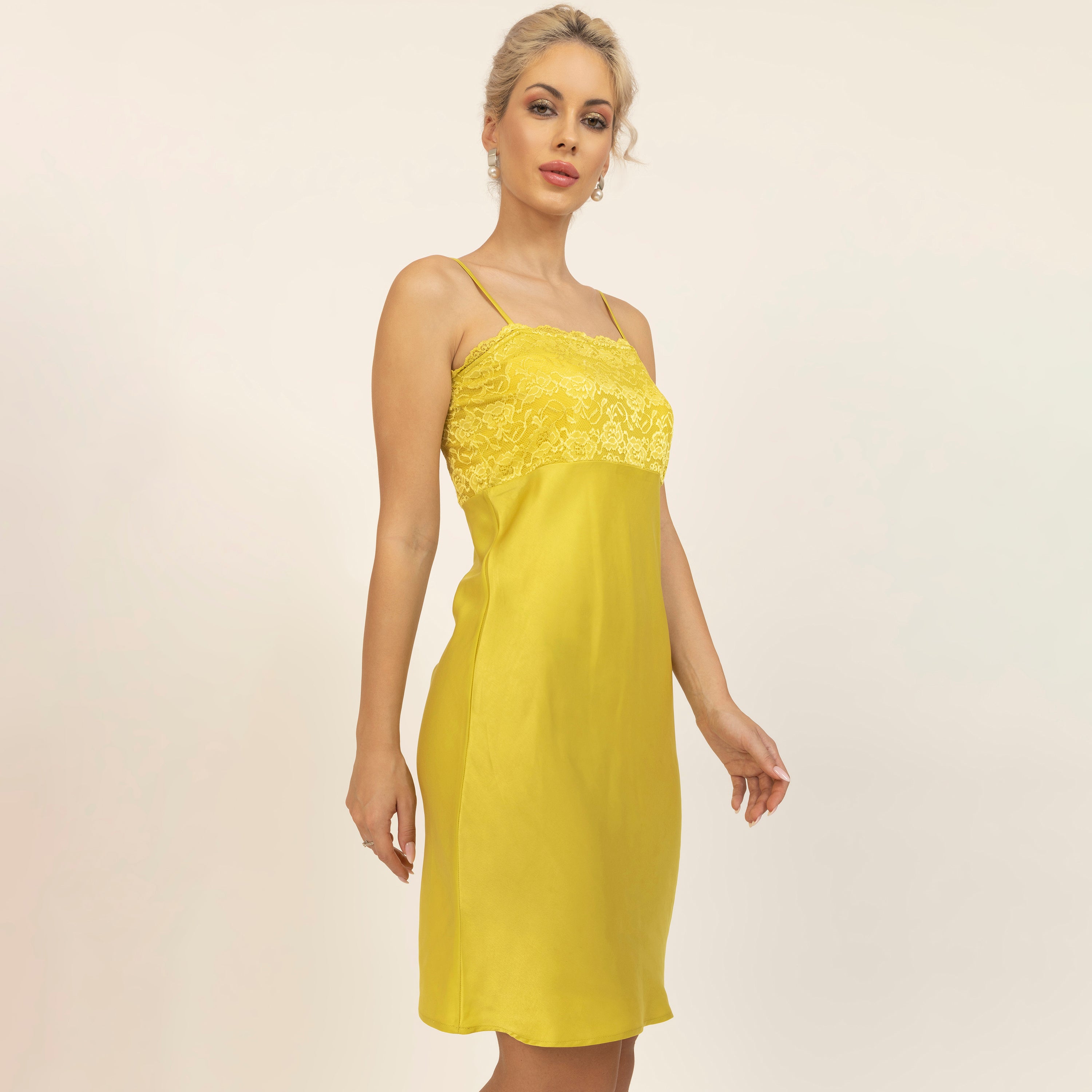 Olive Satin Spaghetti Dress With Lycra Lace