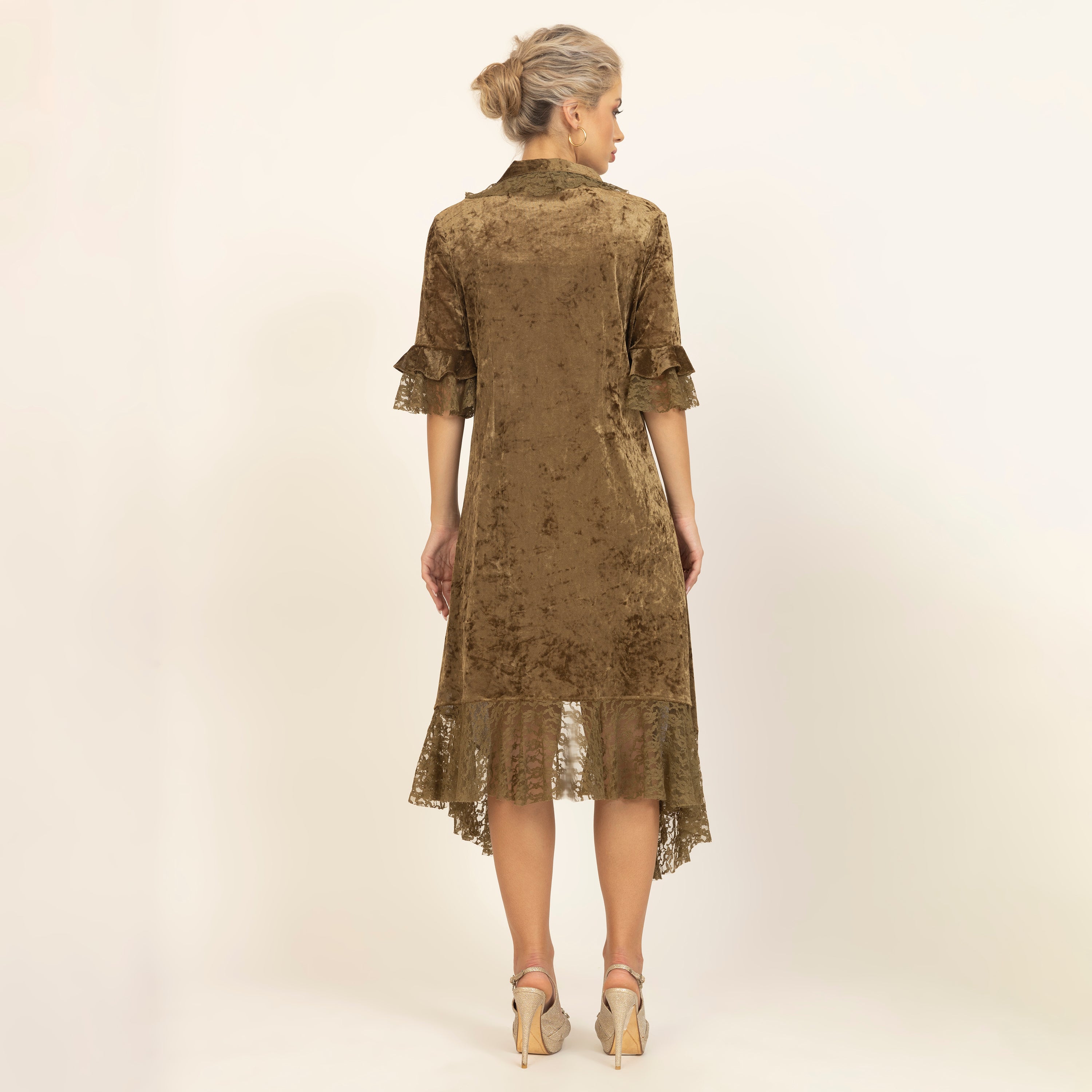 Olive Green Velvet Long Shrug With Lace