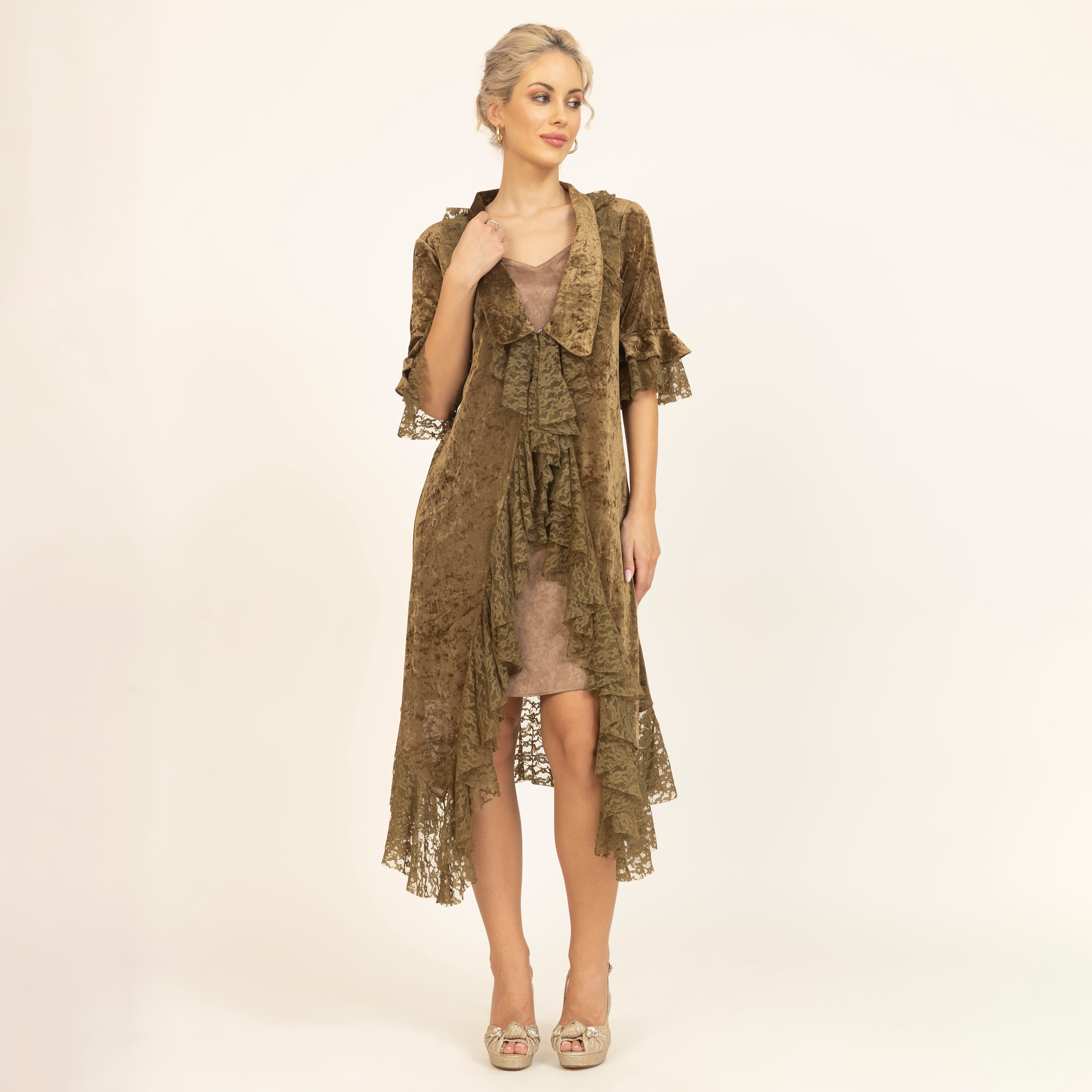 Olive Green Velvet Long Shrug With Lace