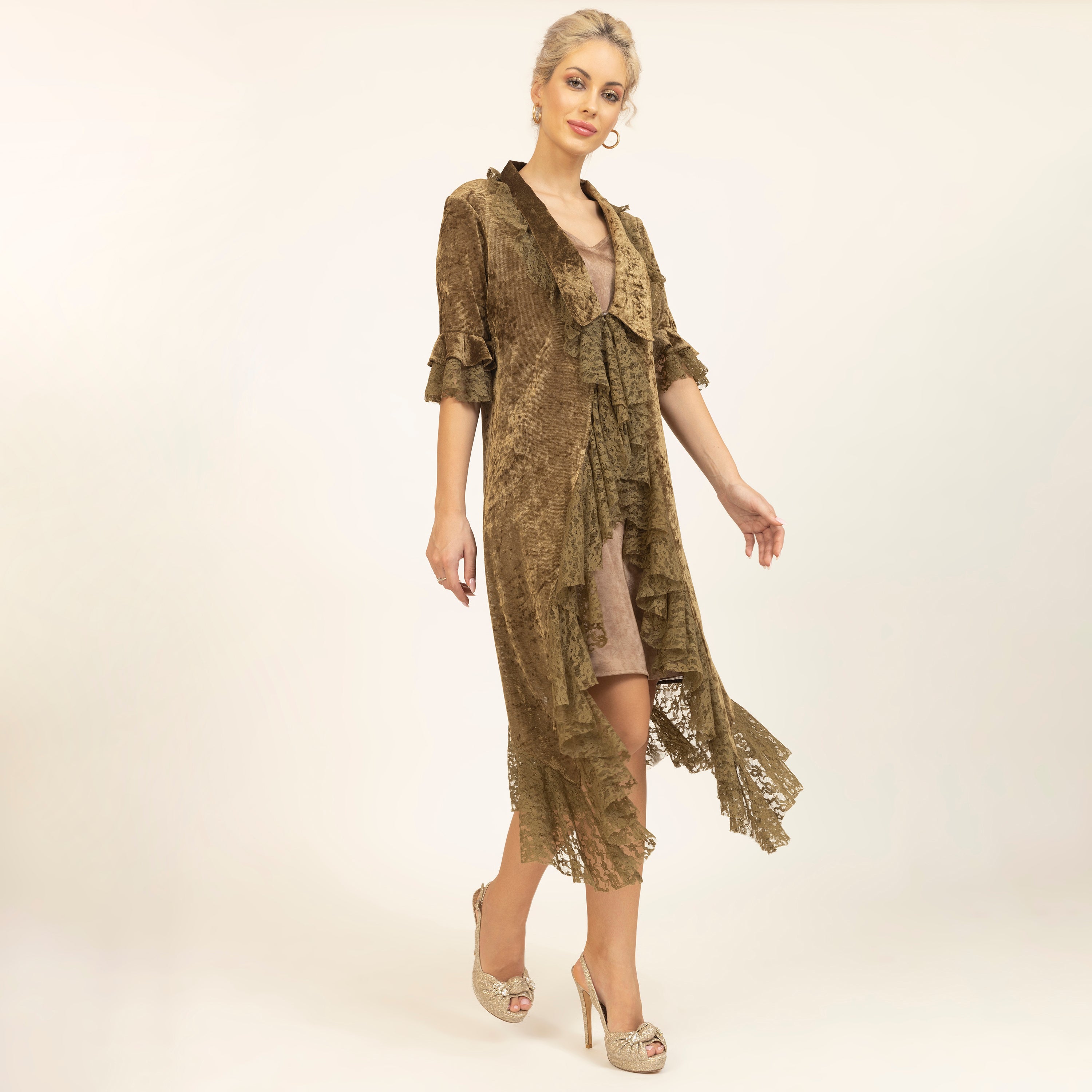 Olive Green Velvet Long Shrug With Lace