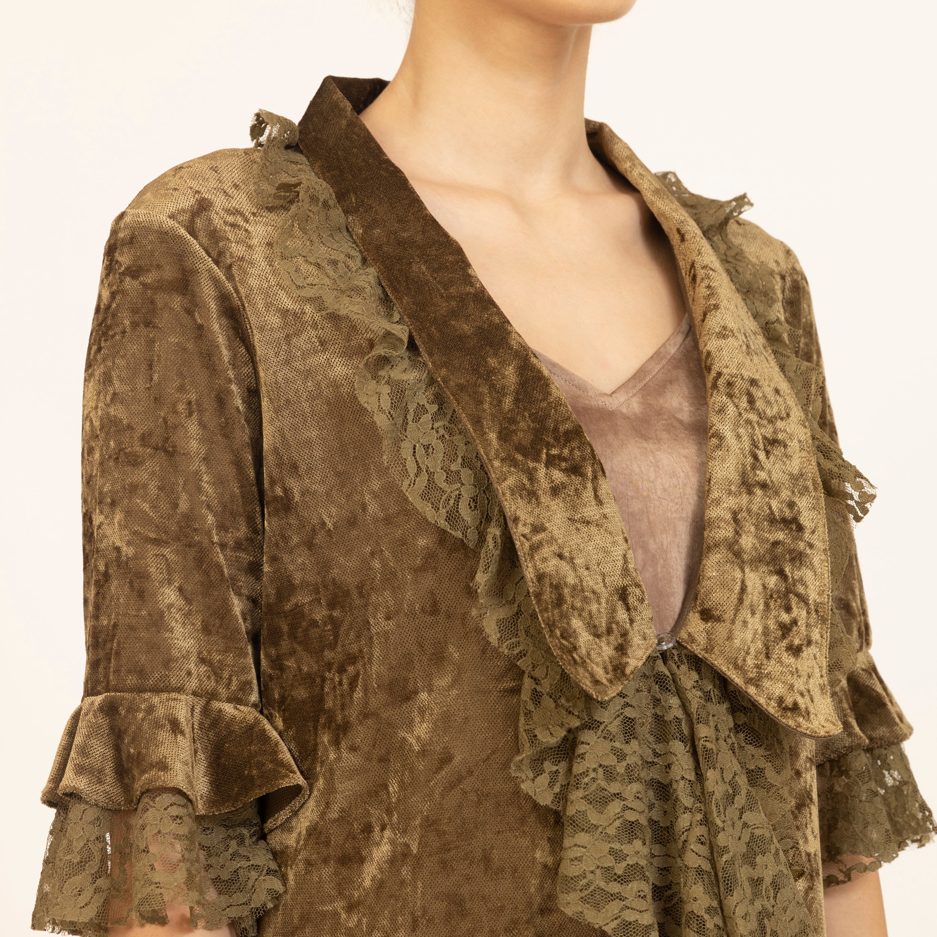 Olive Green Velvet Long Shrug With Lace