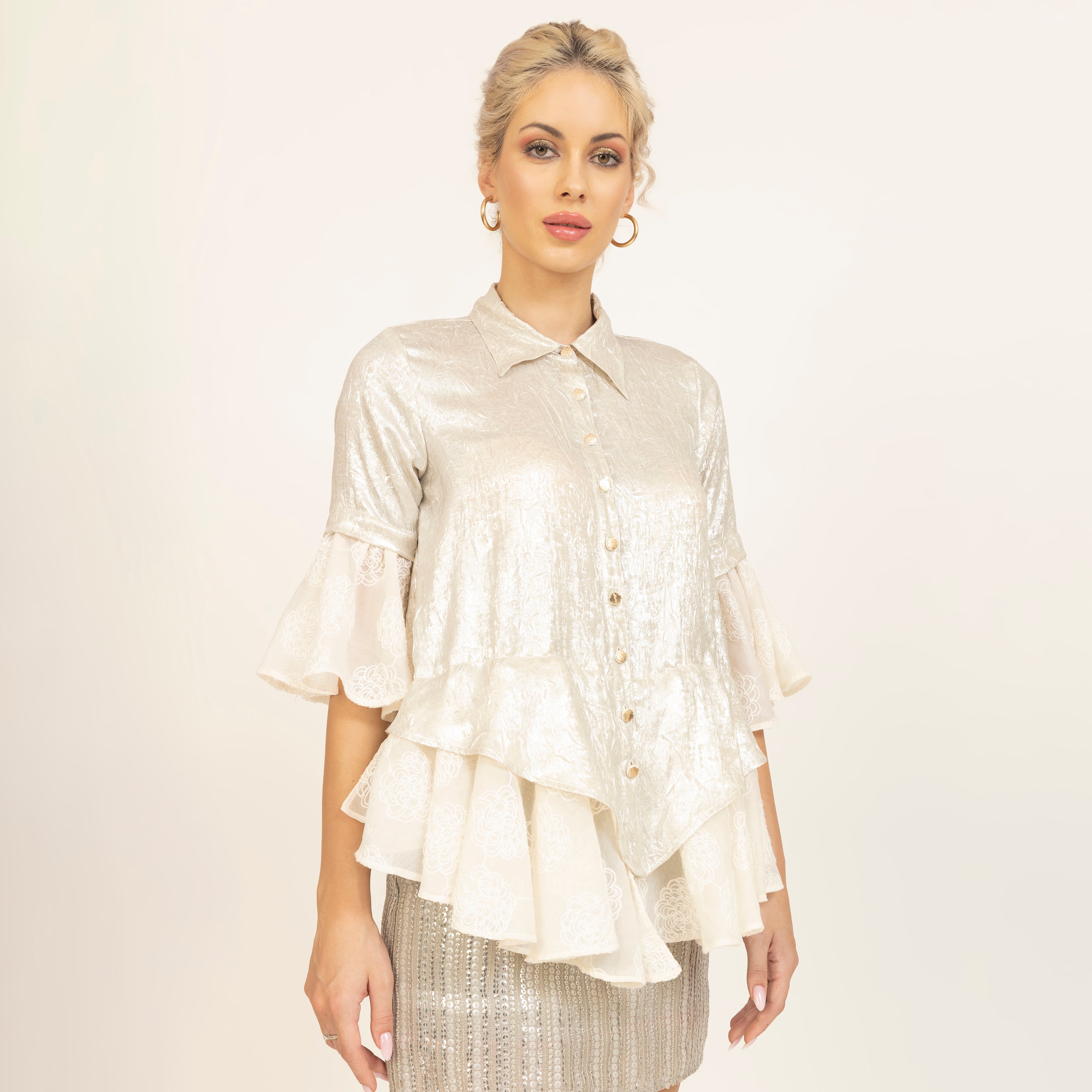 Golden Top With Foil Print and Silk Embroidery