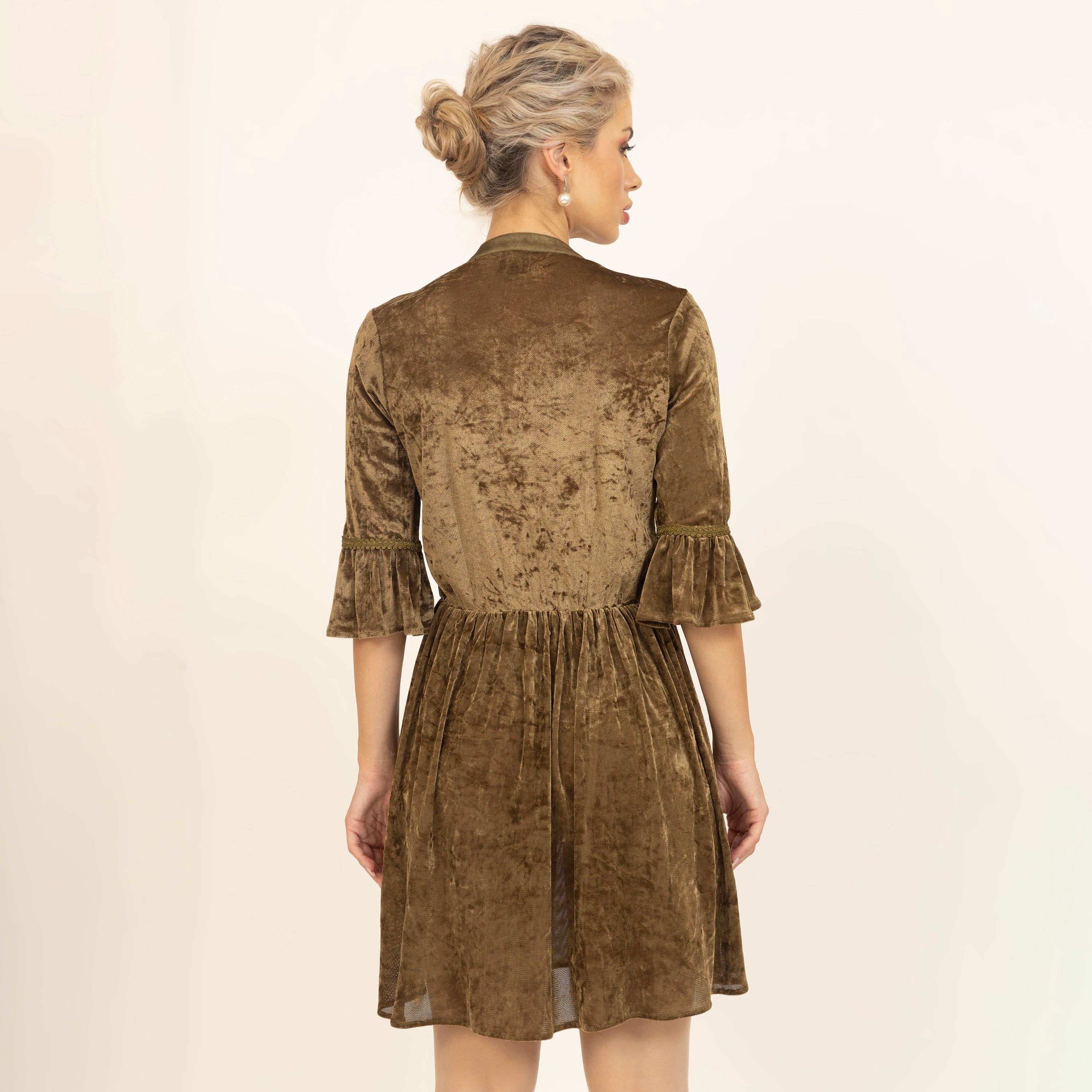 Olive Green Sequin Yoke Velvet Dress