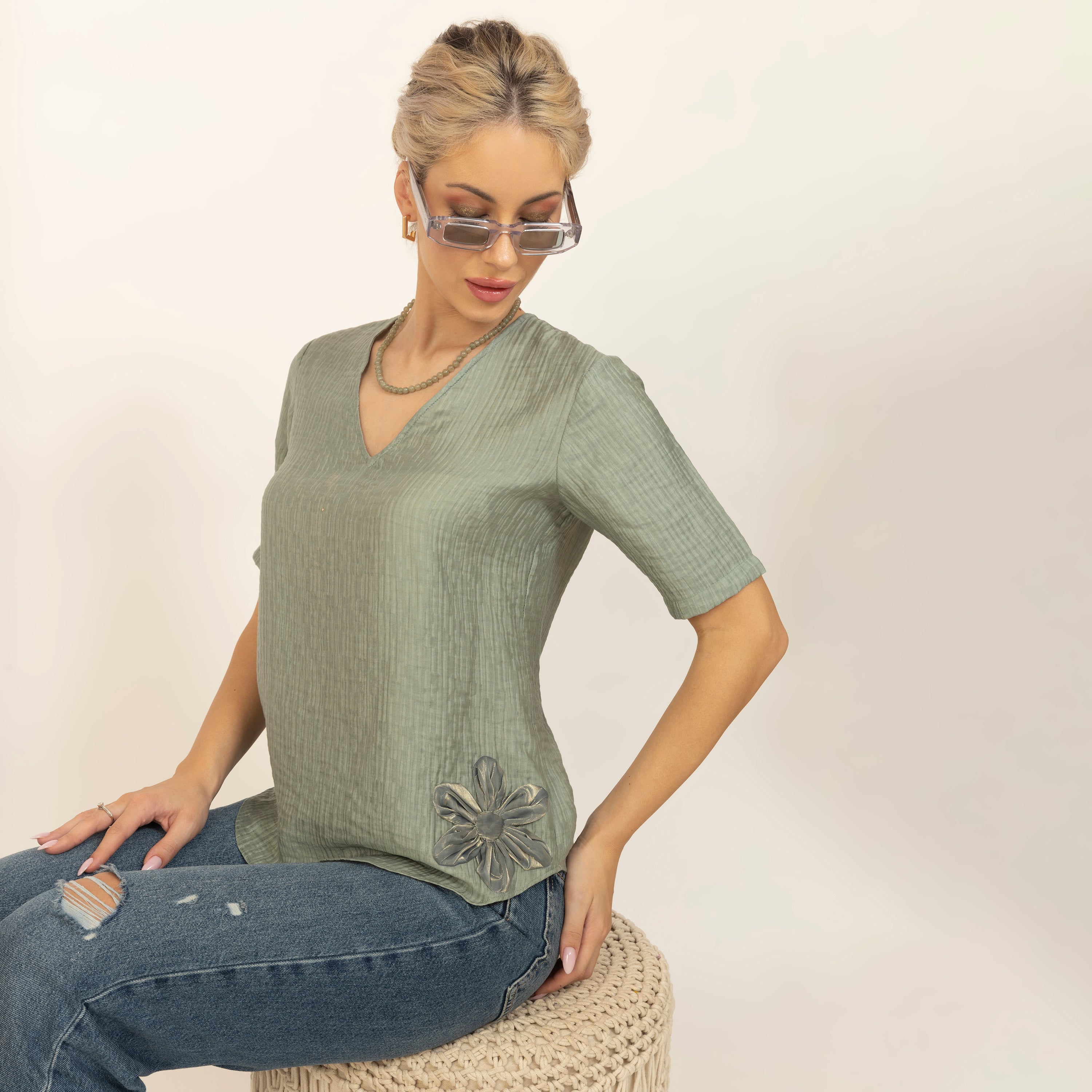 Green Double Gauze Fabric Top with Flower Patch