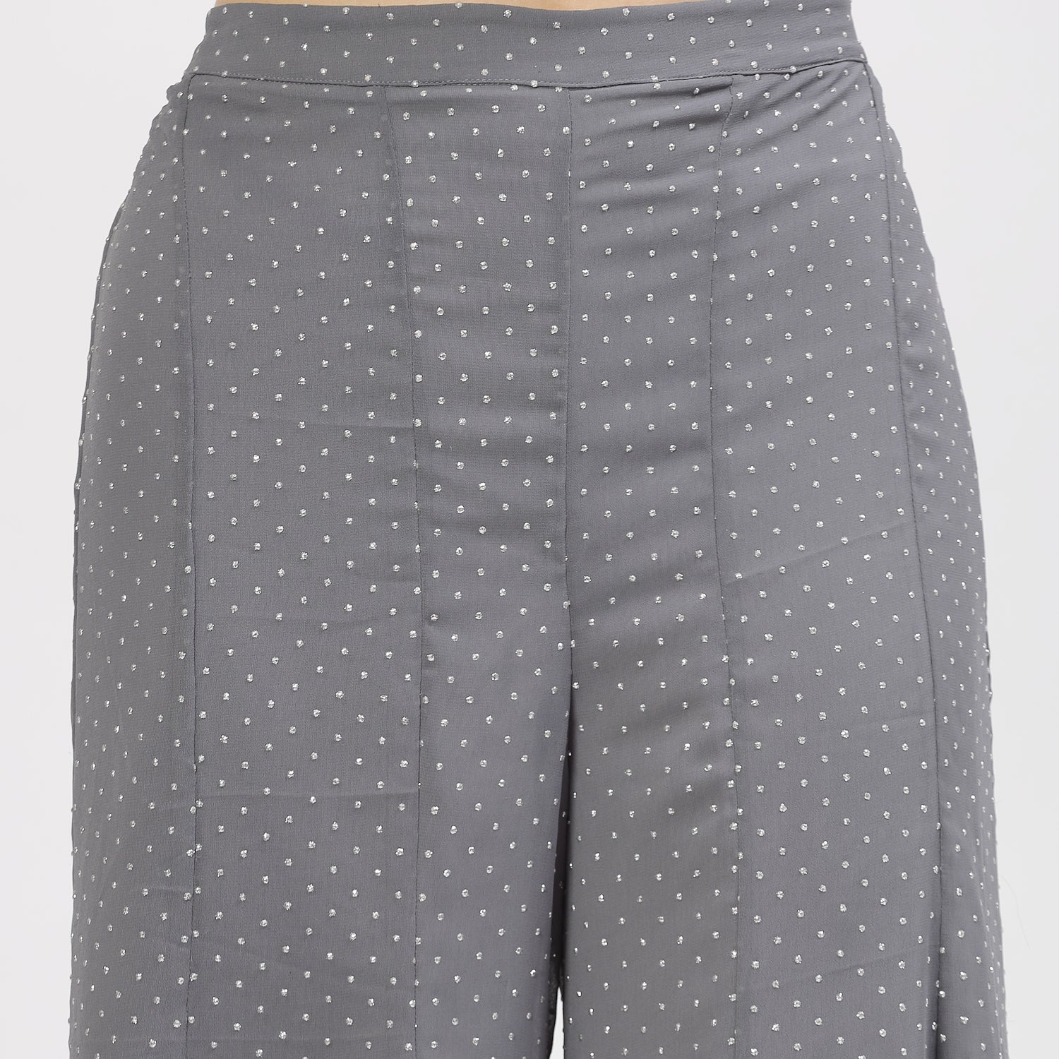 Grey Georgette Asymmetrical Plazzo with Silver Dots