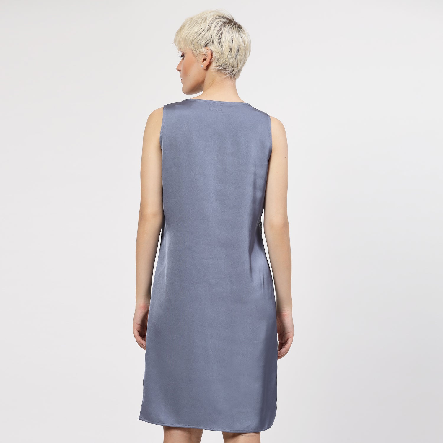 Stone Blue Sleeveless Dress With Lace Fabric