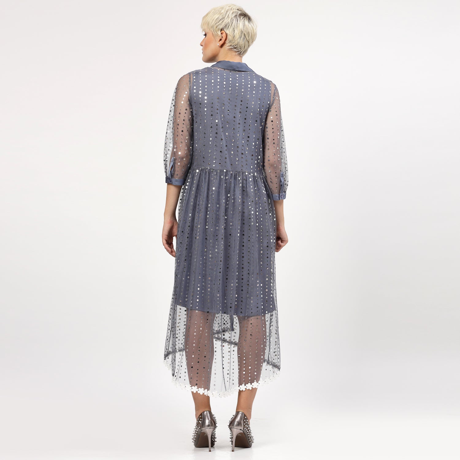 Stone Blue Sequins Tunic With Flower Lace