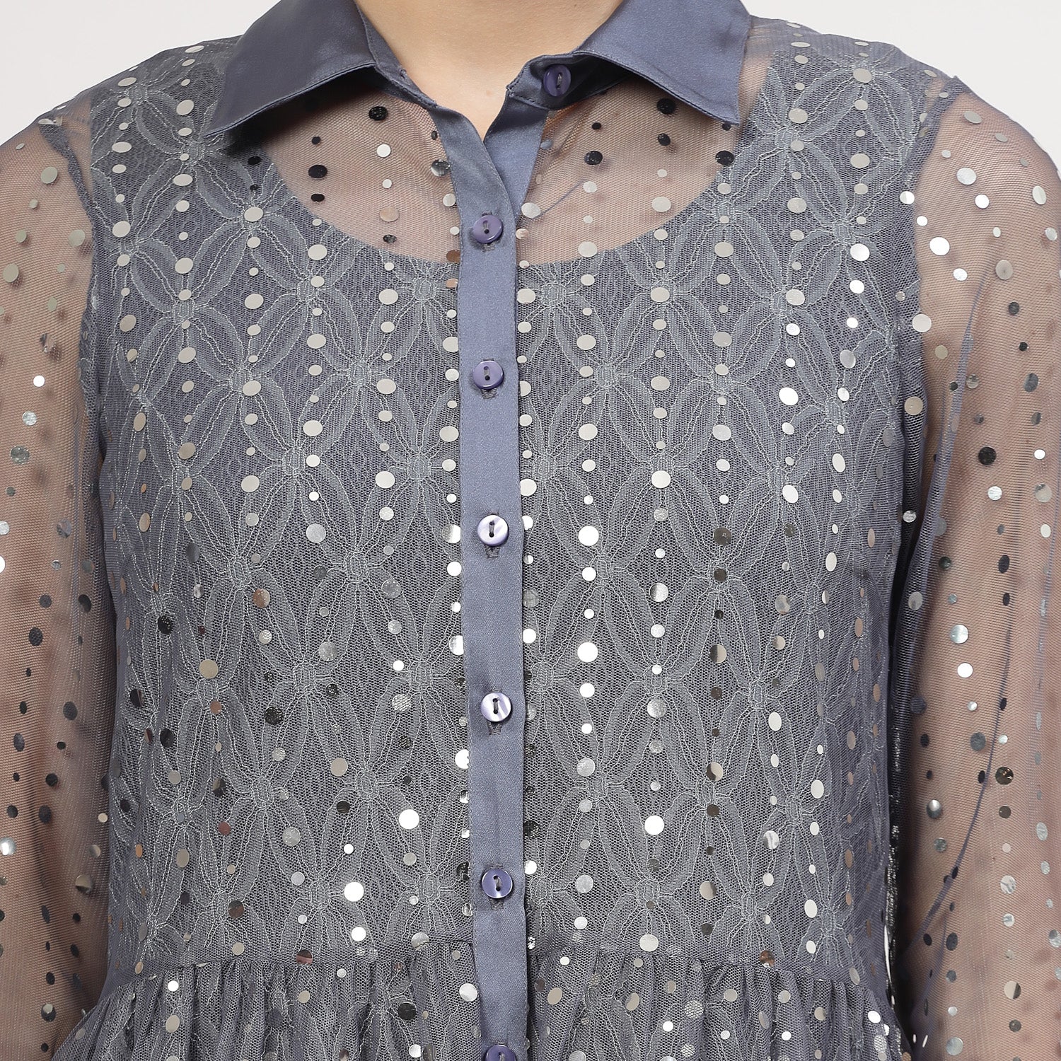 Stone Blue Sequins Tunic With Flower Lace