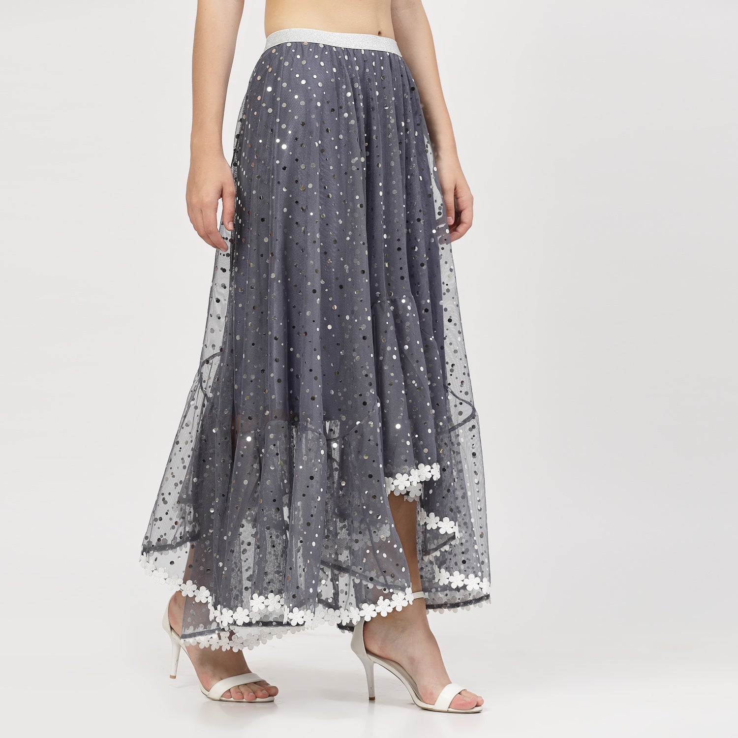 Stone Blue Net Asymmetrical Skirt With Sequins And Lace