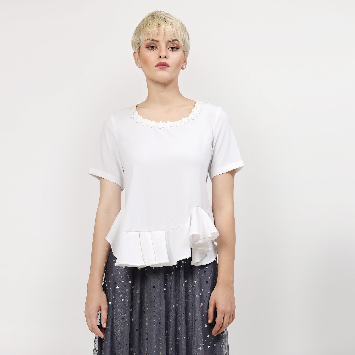 White Pemplum Top With Flower Lace