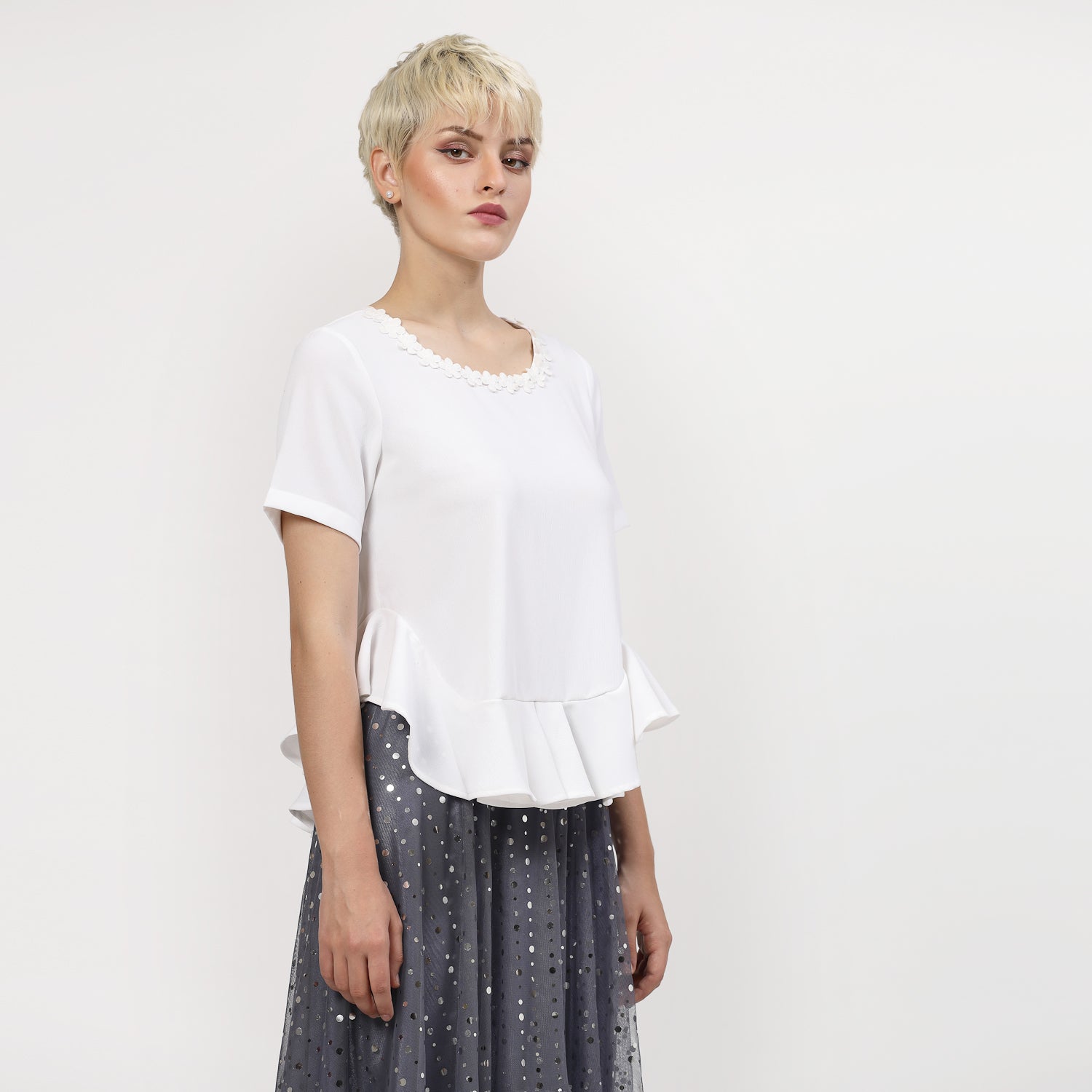 White Pemplum Top With Flower Lace