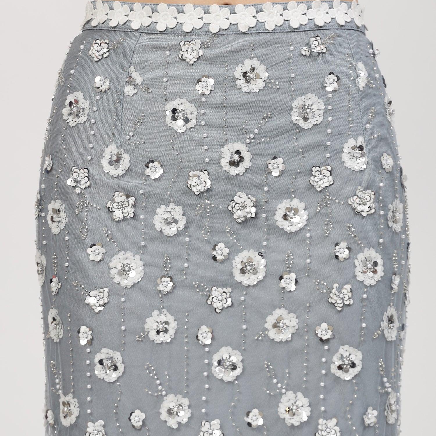 Blue Net Sequins Skirt With Flower Lace
