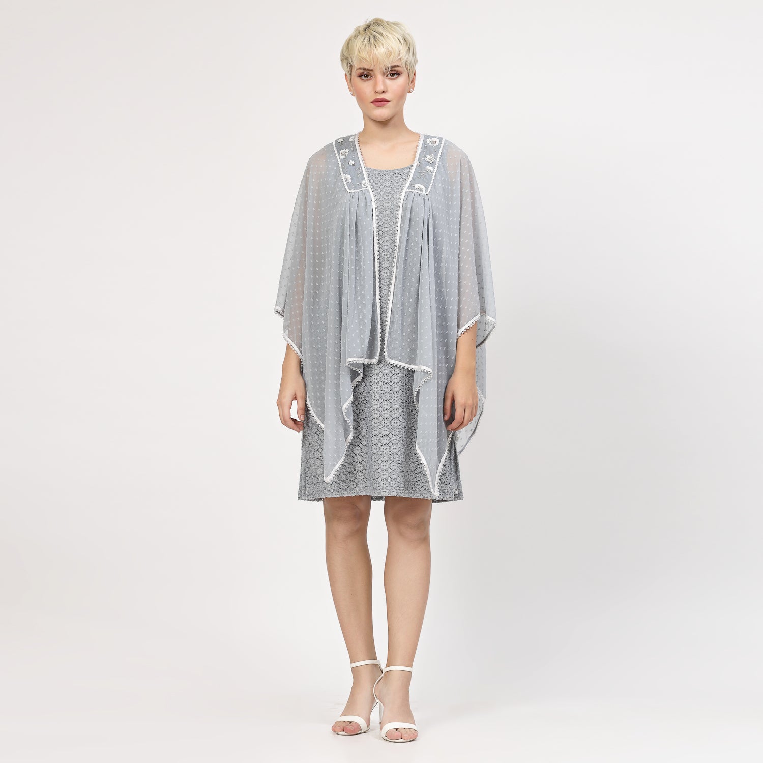 Grey Georgette Cape with Yoke Embroidery