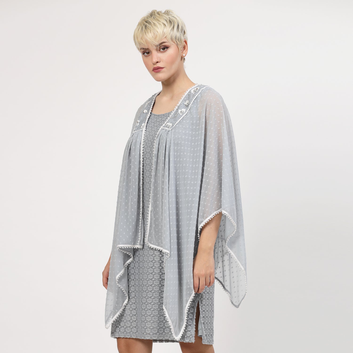 Grey Georgette Cape with Yoke Embroidery