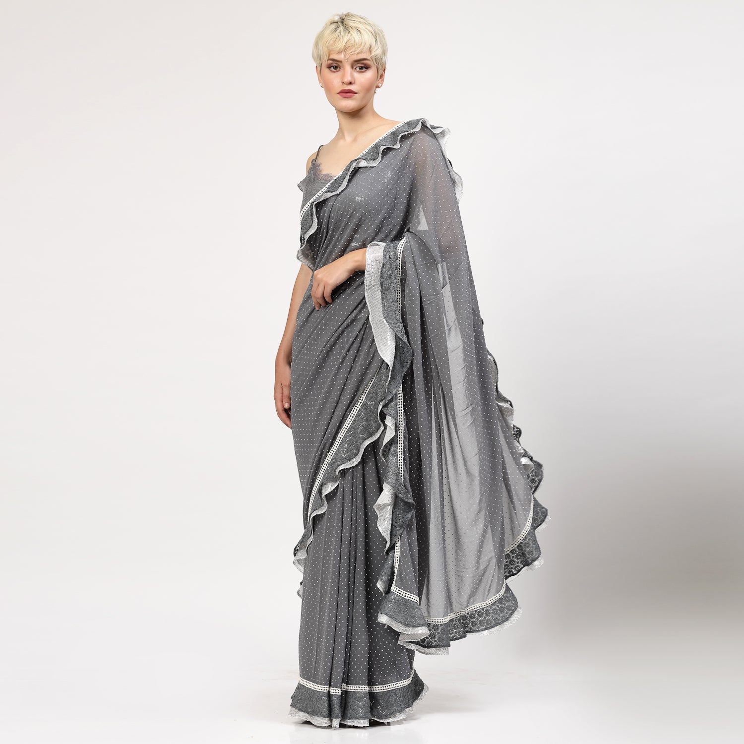 Silver Georgette Saree With Silver Dot And Sequins Frill