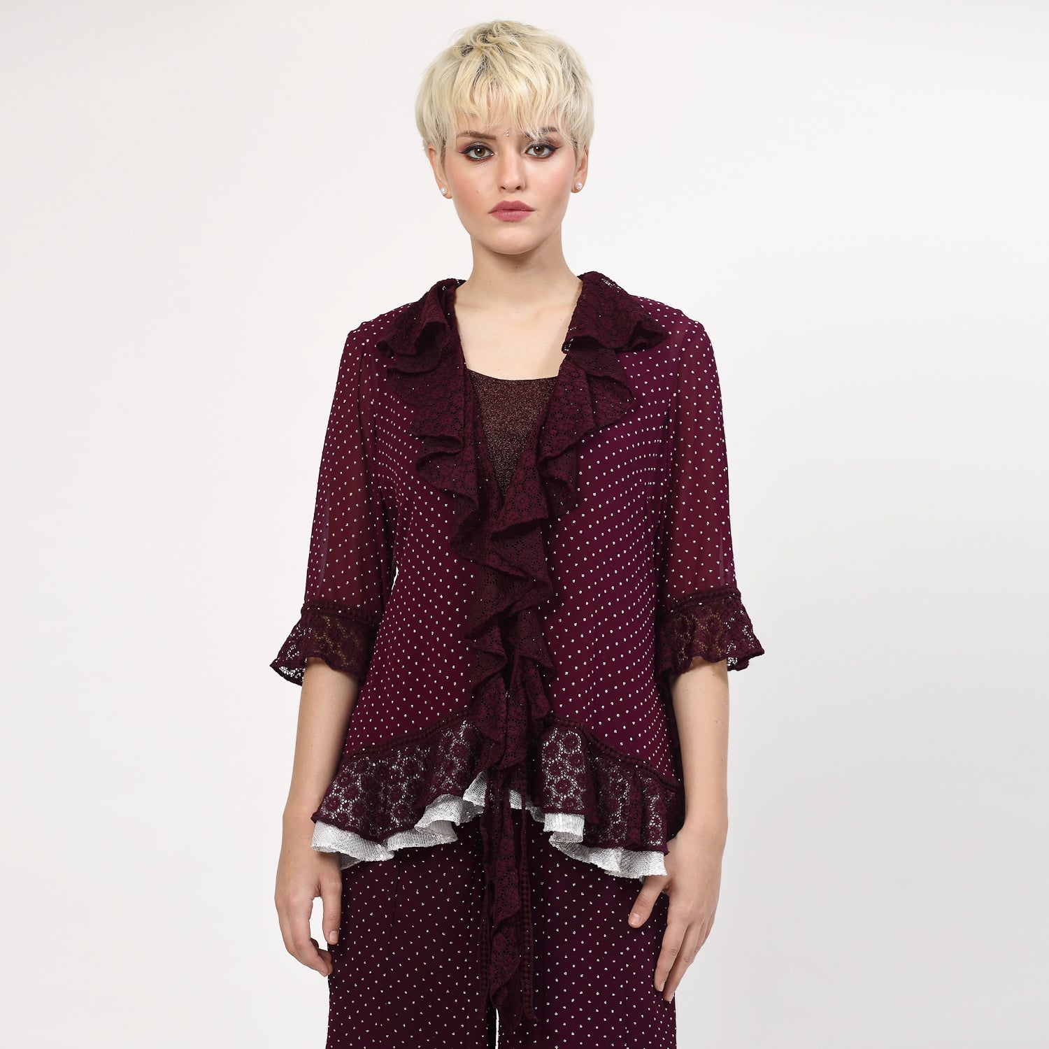 Purple Georgette Frill Shrug With Silver Dots And Inner