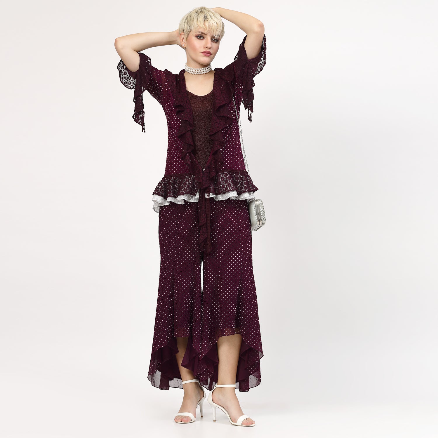 Purple Georgette Frill Shrug With Silver Dots And Inner