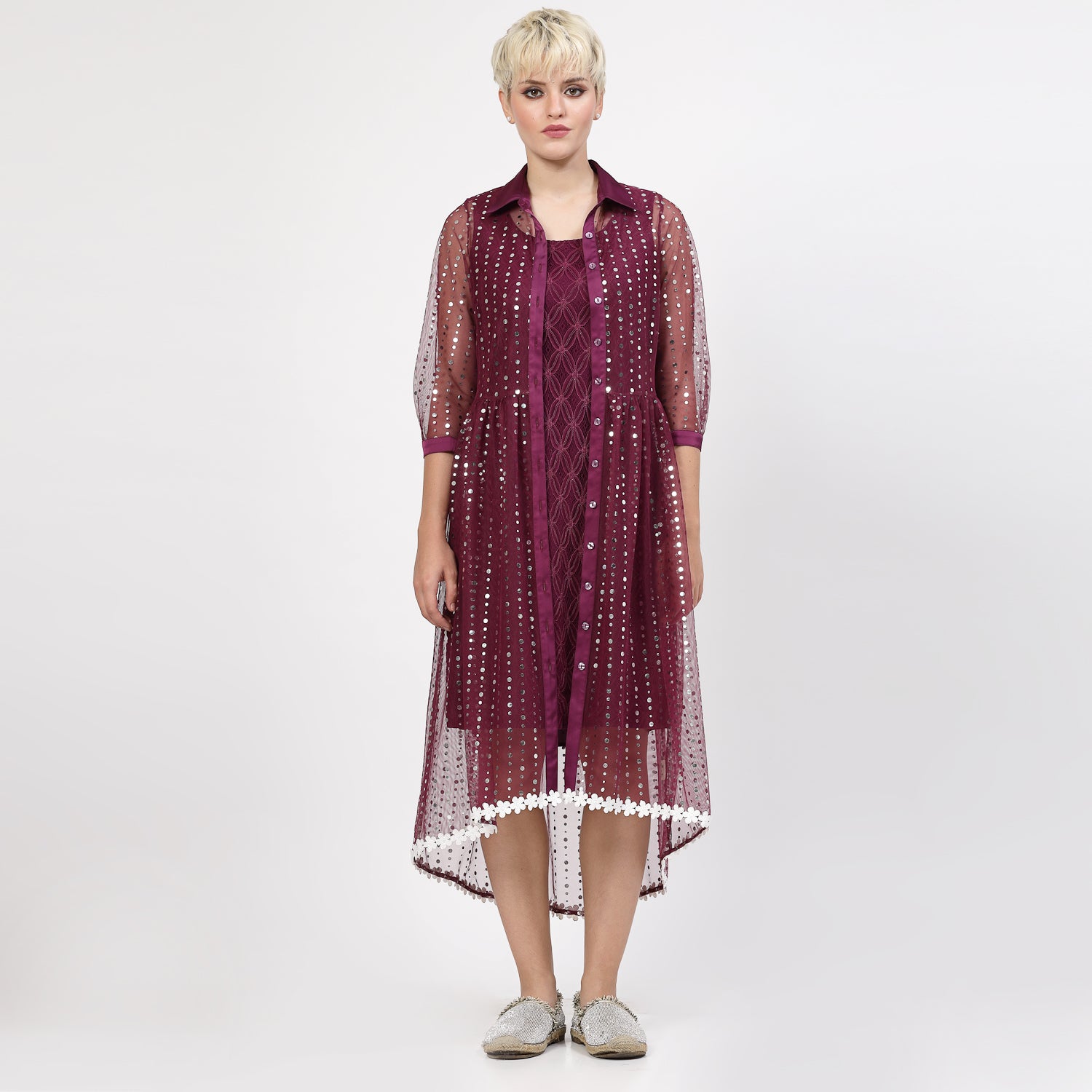 Purple Sequins Tunic With Flower Lace