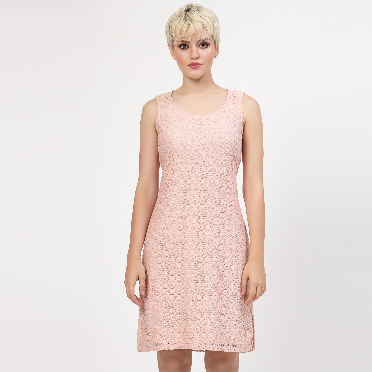 Peach Flower Net Without Sleeves Dress